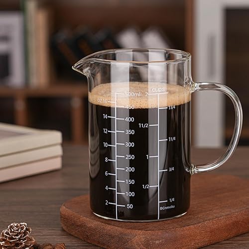 Miniatura 3 de BCnmviku Taza medidora de vidrio de 500ML 2 tazas con asa, vidrio de borosilicato alto tres escalas (OZ, taza, ML/CC para cocina o restaurante fácil