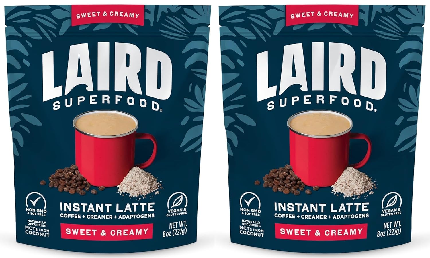 Laird Superfood Instant Latte 100% Arabica Coffee Sweet & Creamy, Non-Dairy, Superfood Creamer, Gluten Free, Non-GMO, Vegan, 8 oz. Bag, Pack of 2