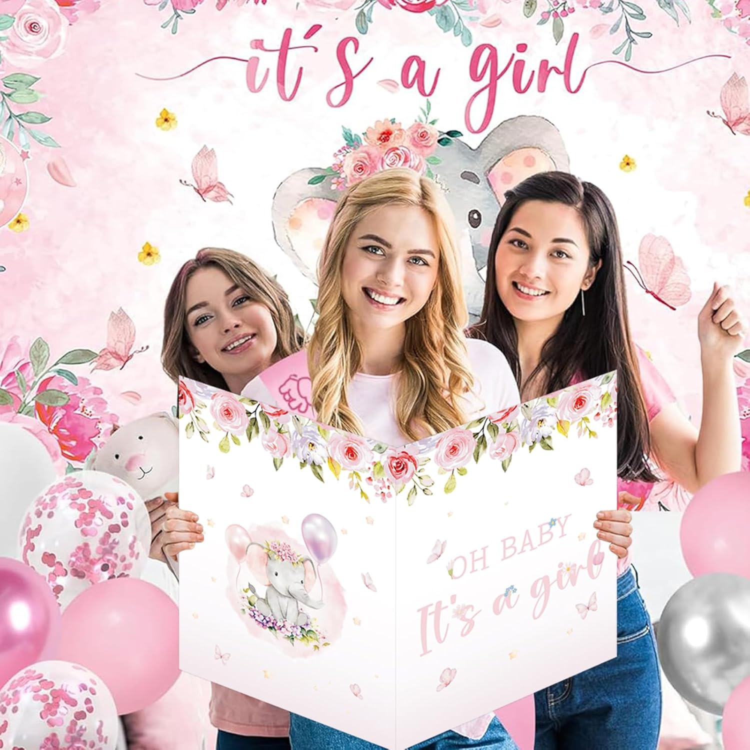 Large Baby Shower Cards for Girl, 22 x 14 inch Pink Elephant Giant Greeting Card with Envelope for BB Shower Decorations, Oh Baby It's a Girl Jumbo Gender Reveal Guest Book Party Supplies - Image 4