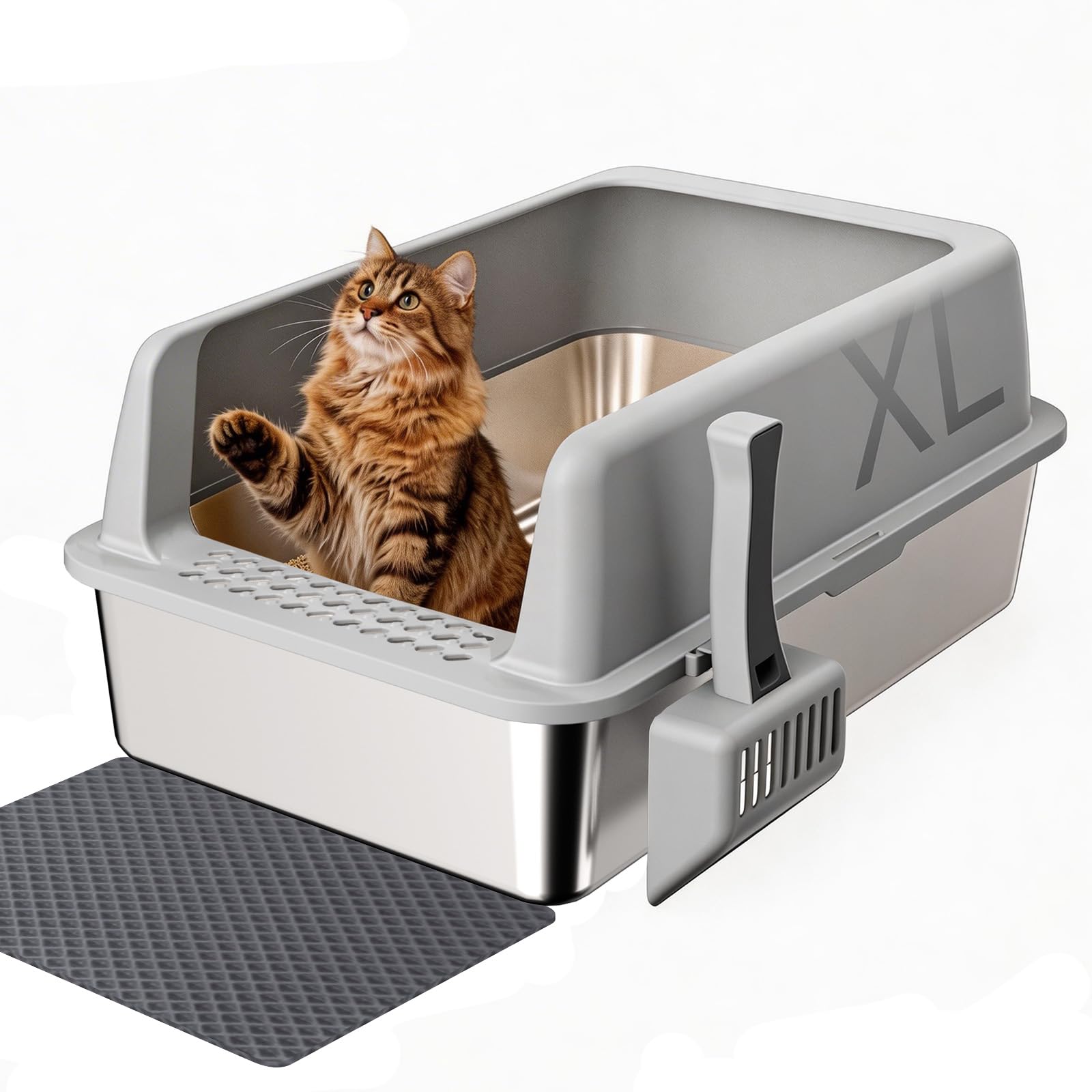 Gimars XL Katzenklo aus Metall, große Katzentoilette Edelstahl 35L mit Schaufel & Matte, Robuste Metall Katzenklo, Edelstahl Katzenklo für große & mittelgroße Katzen