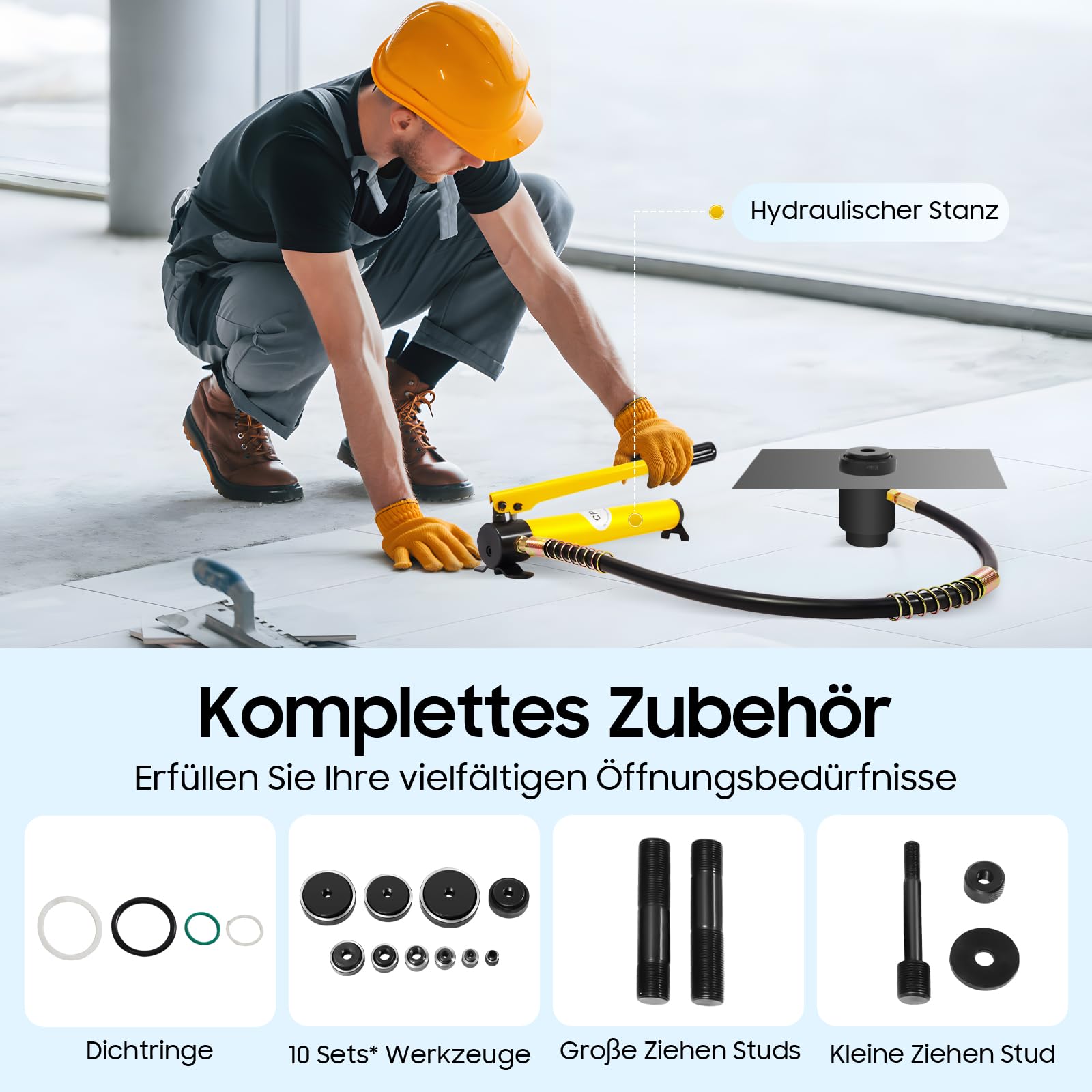 15T Hydraulische Lochstanzer Set Knockout Lochtreiber Kit Blechlocher Locheisen Hydraulik Werkzeuge 10 Matrizen Zylinder Lochstanze Hydraulikpumpe