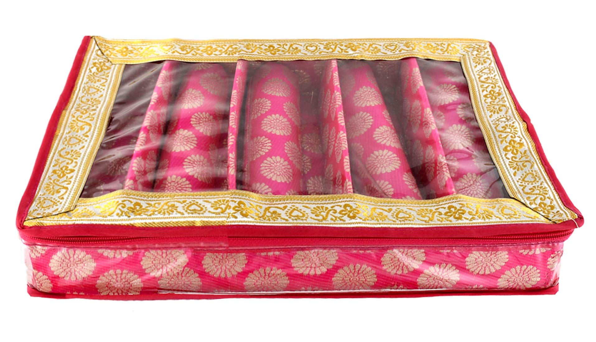 Kuber Industries Carry Design Brocade Hardboard Five Rod Bangle Box (Pink) -CTKTC038801