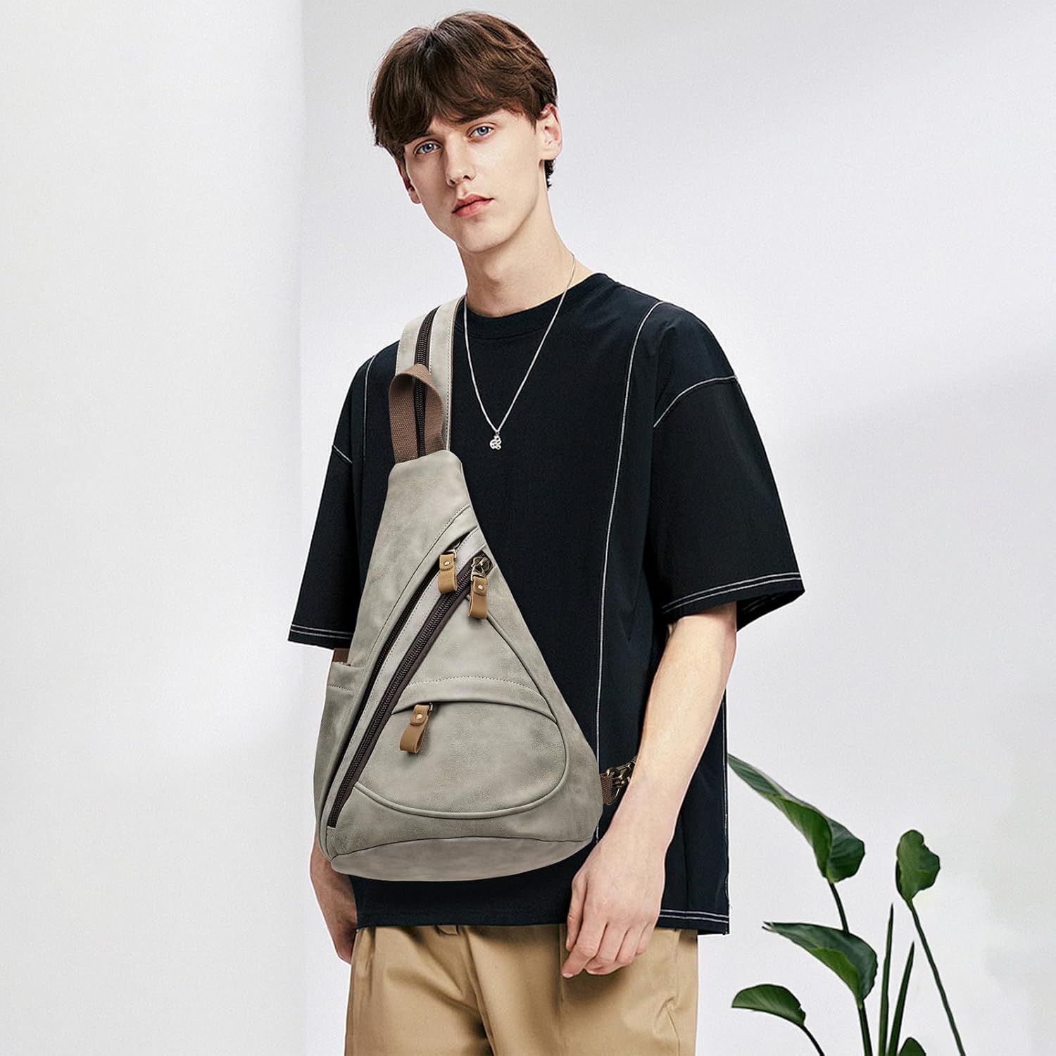 KL928 PU Leather Sling Bag - Small Crossbody Backpack Shoulder Casual Daypack Rucksack for Men Women(Leaden) - Image 7