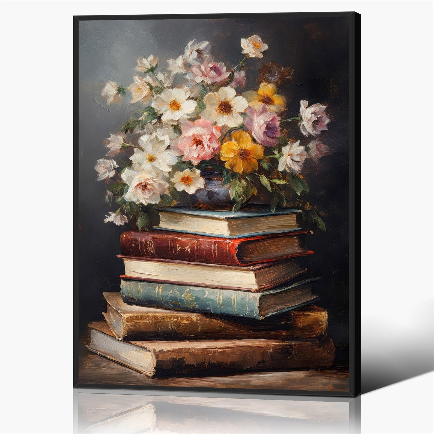 Anslipswar Book Framed Moody Flower Books Canvas Wall Art, Spring Colorful Wildflowers Poster For Room Aesthetic, Dark Academia Floral Art Decor, Vintage Easter Flower Painting For Bedroom 12X16in Framed