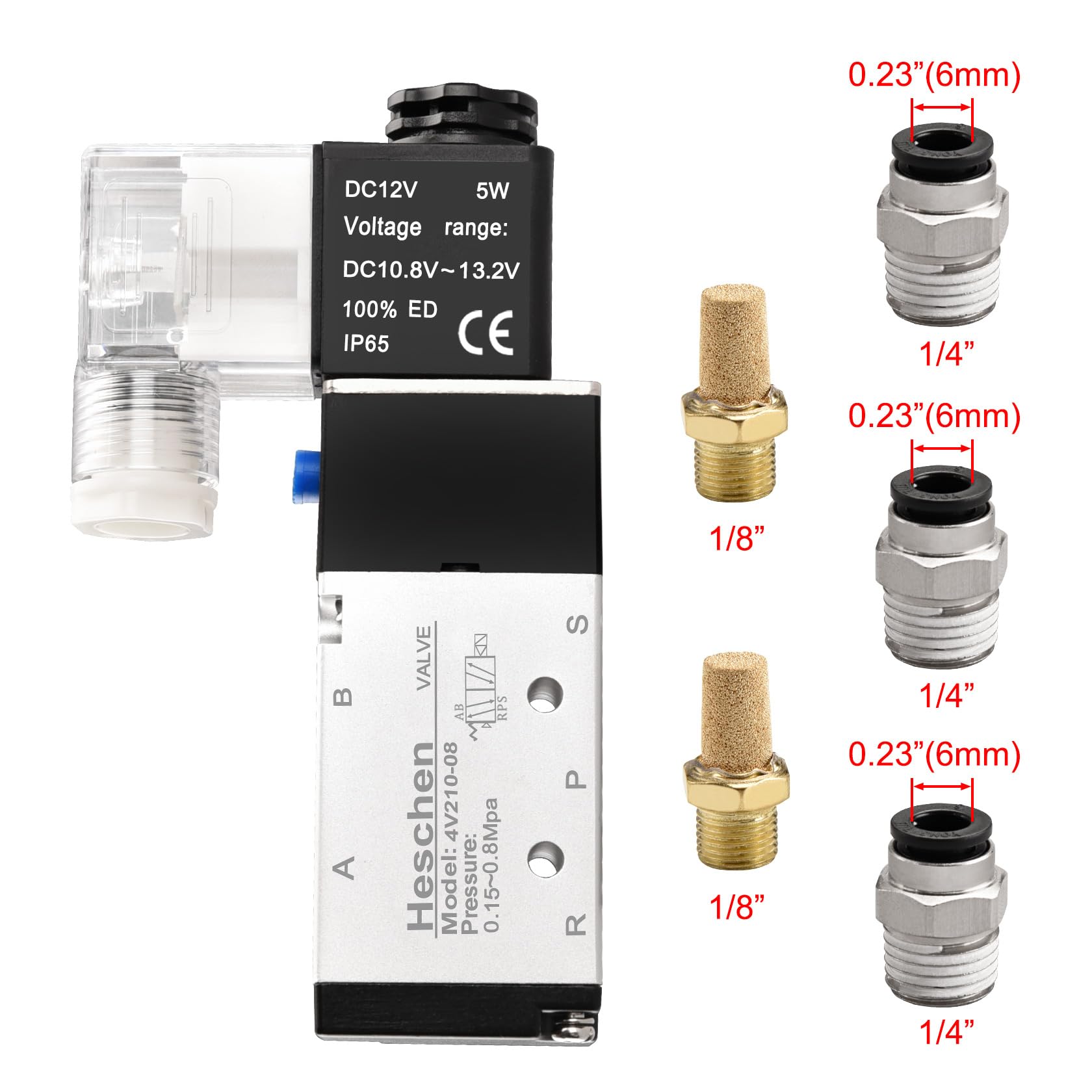 Heschen Elektryczny pneumatyczny zawór elektromagnetyczny 4V210-08 12 V DC PT1/4 5-drożny 2-pozycyjny pojedyncza cewka sterowana pilotem elektryczna CE z armaturą i tłumikiem