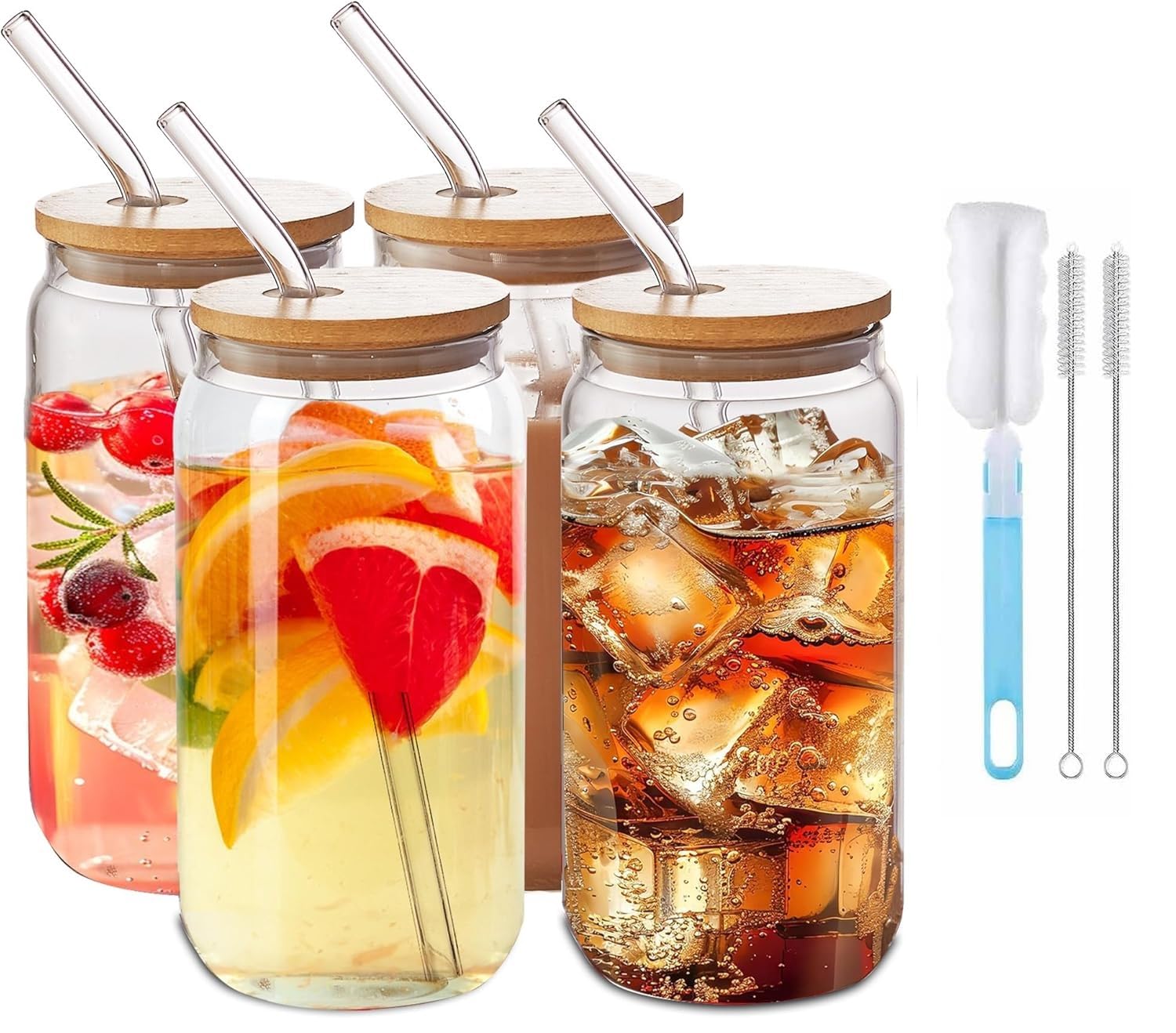 VASA NAMA Juego de 4 Vasos de Vidrio, Vasos con Forma de Lata de 16 Onzas con Tapas, Café Helado, Cóctel, vasos para Cerveza para Cóctel Bebidas, Batidos, Jugos, Cerveza (4)