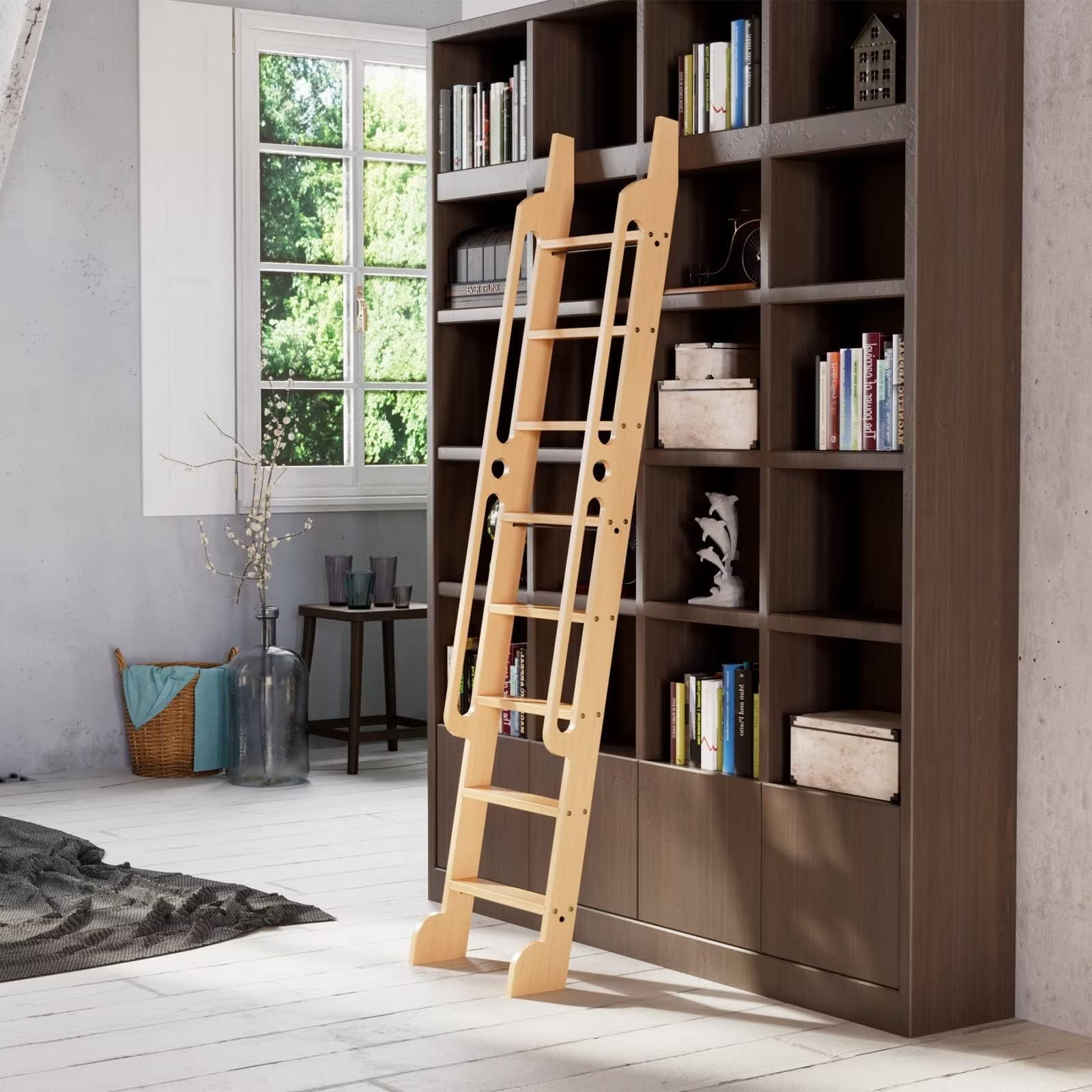 8 ft Rolling Library Ladder, Sturdy Wood Step and Build-in Handrail, Multi-use for Loft Stairs/Bookshelf, Red Oak (Total Length 93.4’’)