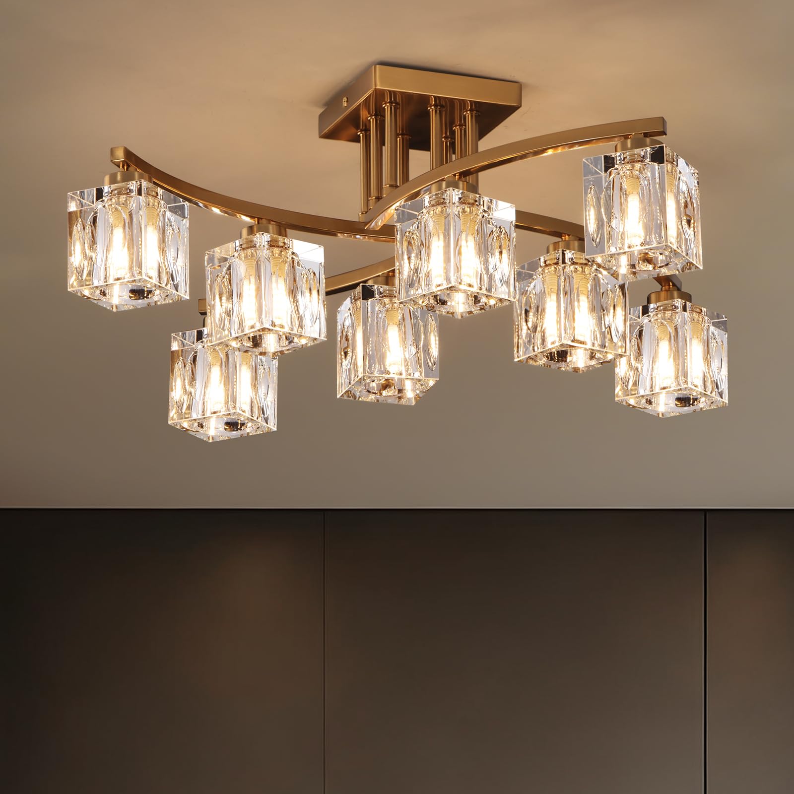 Photo 1 of KUSSCO 8-Light Modern Sputnik Ceiling Light Fixture Farmhouse Crystal Semi Flush Mount Ceiling Light Gold Chandeliers for Dining Room Living Room Kitchen Island Bedroom Entryway