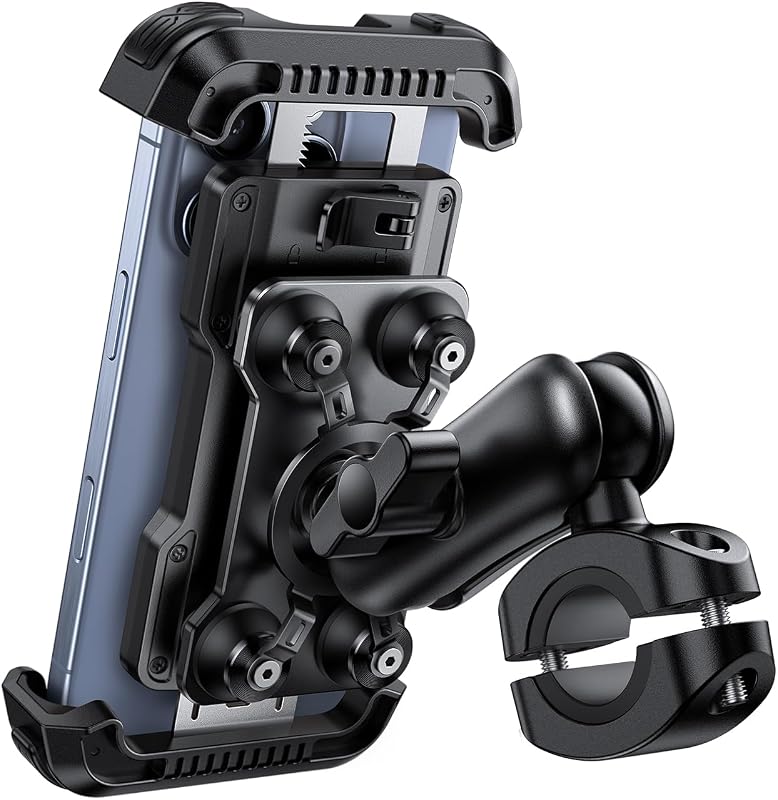 Motorcycle Phone Mount Holder with Dual Vibration Dampener | Metal Adjustment Arm, Motorcycle Cell Phone Holder, Bike Handlebar Phone Mount, for iPhone 16 15 14 Pro Max, 4.7-6.7" Phones