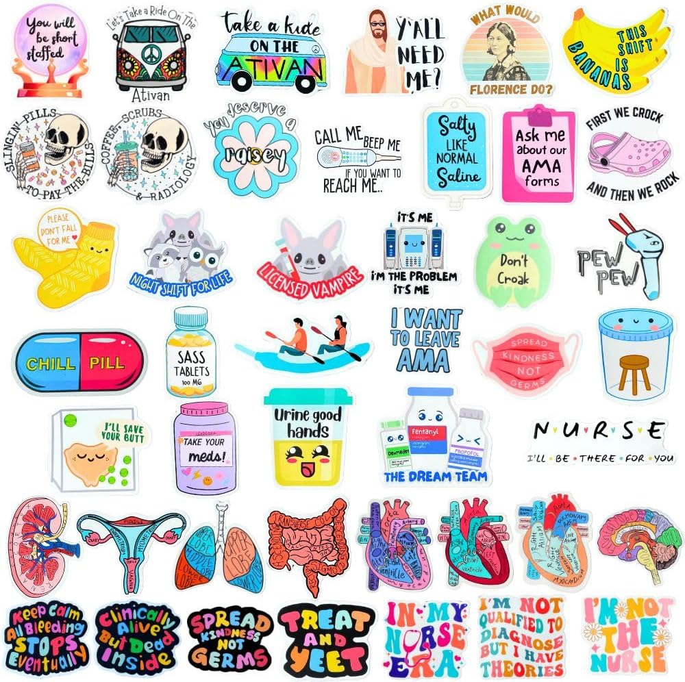 50 PC Funny Vinyl Nurse Stickers Healthcare Medical Nursing Nurses Sticker for Water Bottles Laptop Computer Decal RN CNA Future School Student Deals Work Accessories Items Stuff Day Week Gifts