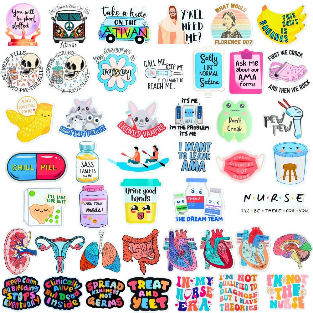 50 PC Funny Vinyl Nurse Stickers Healthcare Medical Nursing Nurses Sticker for Water Bottles Laptop Computer Decal RN CNA Future School Student Deals Work Accessories Items Stuff Day Week Gifts