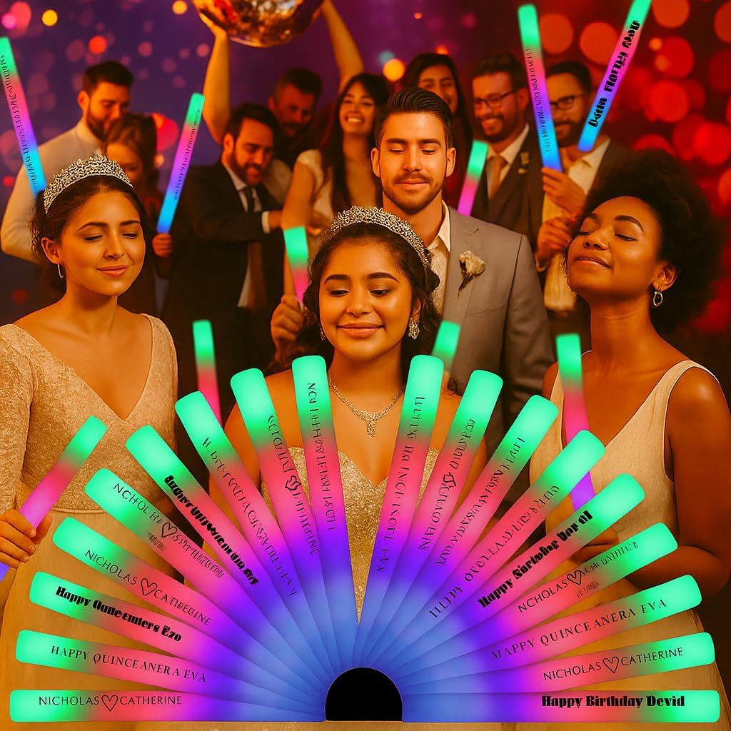 Custom Foam Light Up Sticks 40 Pack, Personalized LED Light Sticks For Any Occasion, Glow Sticks For Weddings, Birthday, Dance Floor Props, 3 Modes Flashing Glow Wands