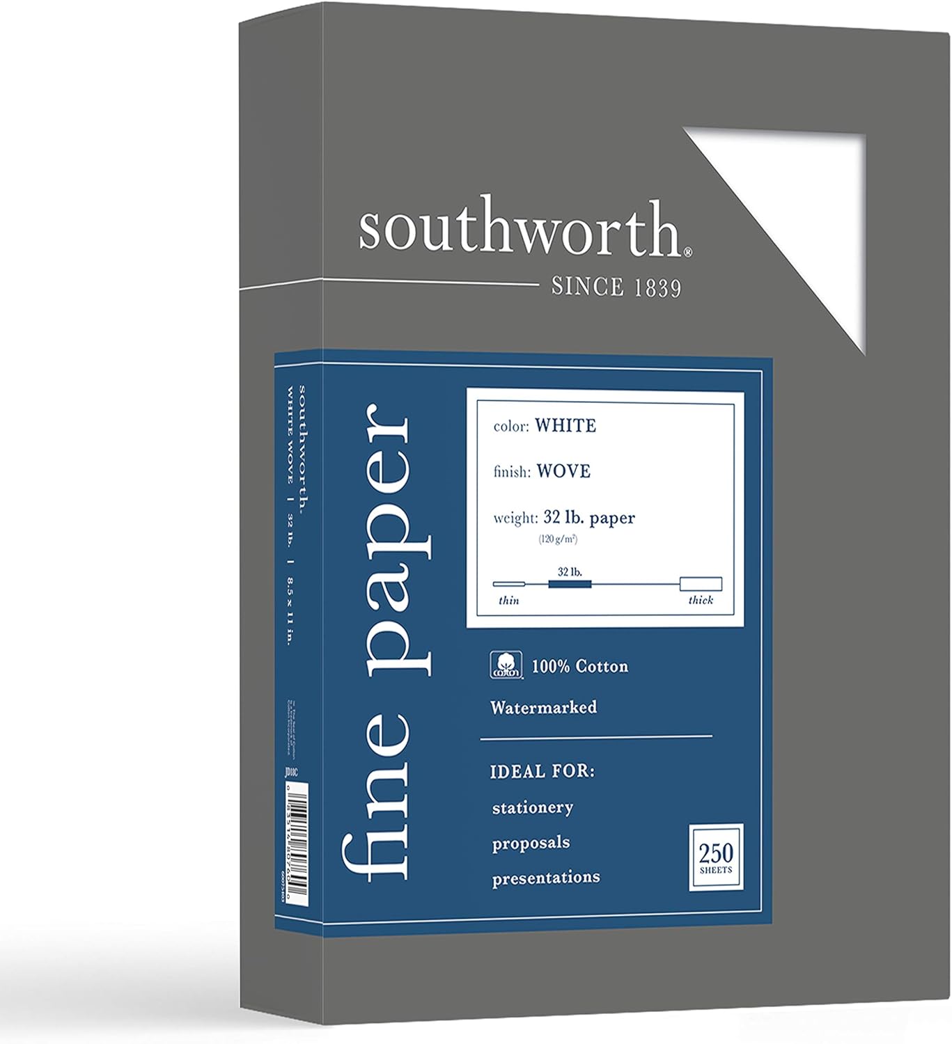 Southworth® 100% Cotton Business Paper, 8 1/2" x 11", 32 Lb, White, Box of 250