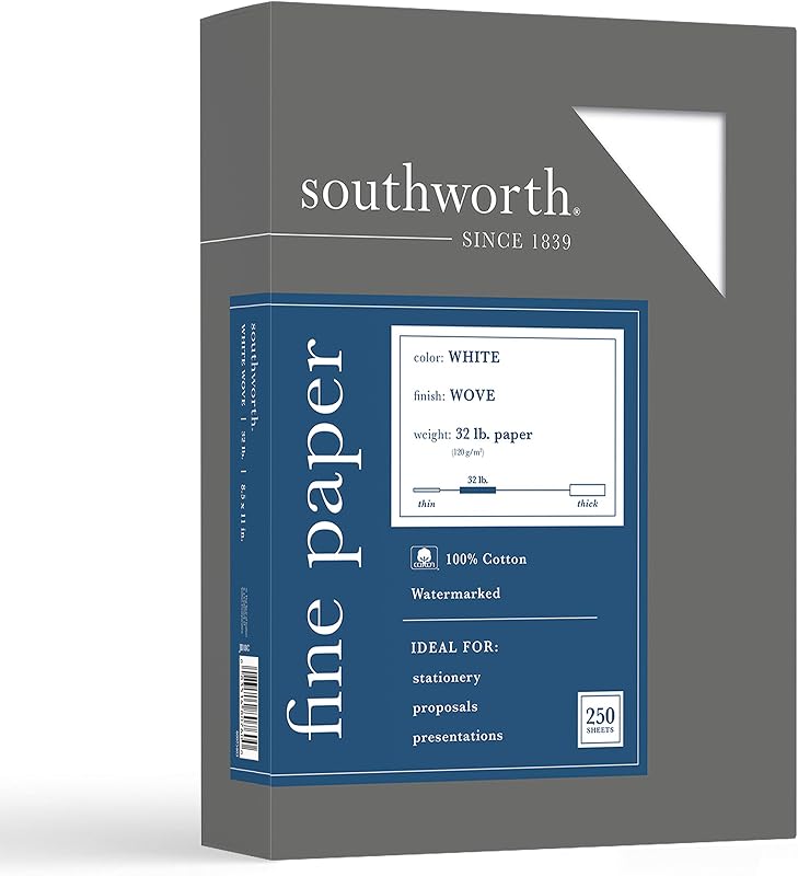 Southworth JD18C 100% Algodón Papel de Negocio Blanco 32 lbs. 8-1/2 x 11 250/Caja