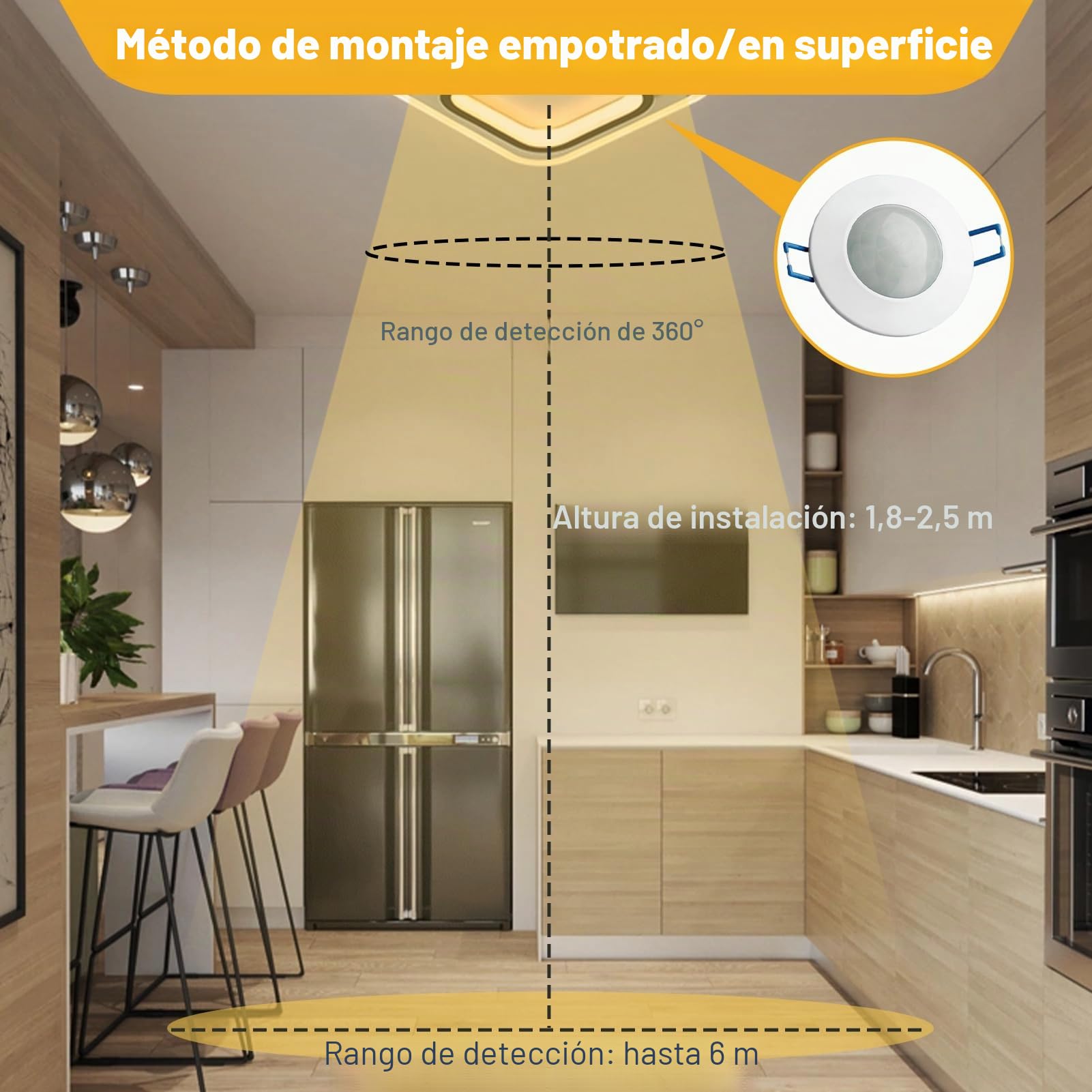 Detector de Movimiento Interior Empotrado Techo Sensor de Movimiento de Presencia Rango de Detección 360° 230V Interruptor Detector Luz Ajustable 10s–30min para Lámparas LED Adecuado