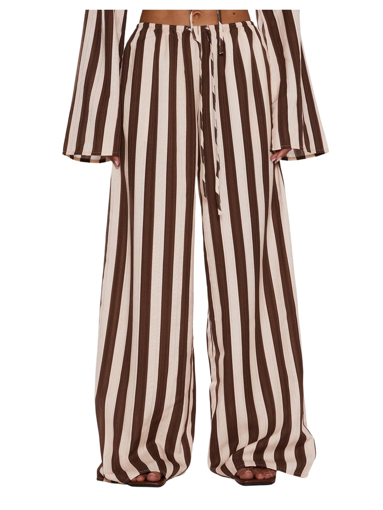 MakeMeChic Womens Linen Striped Pants Wide Leg Tie Front Elastic Waist Trousers