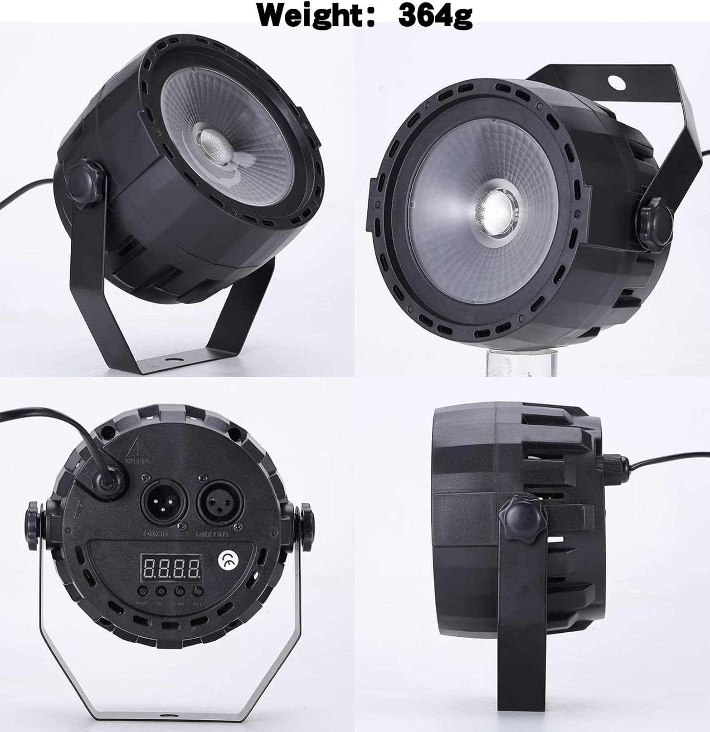 Package contents including the SHEHDS 30W COB RGB 3-in-1 LED Stage Par Light, mounting bracket, remote control, and manual.