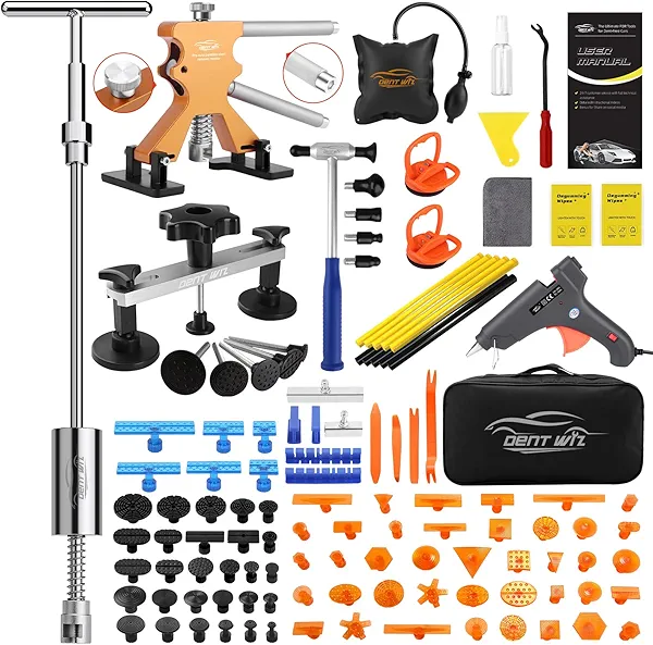 DentWiz Paintless Dent Repair Kit with Enhanced Glue Tabs,Car Dent Removal Tool Set for Hail Damage, Door Dings, Body Dents – Includes PDR Hammer,100W Hot Glue Gun, Suction Cup & Repair Accessories