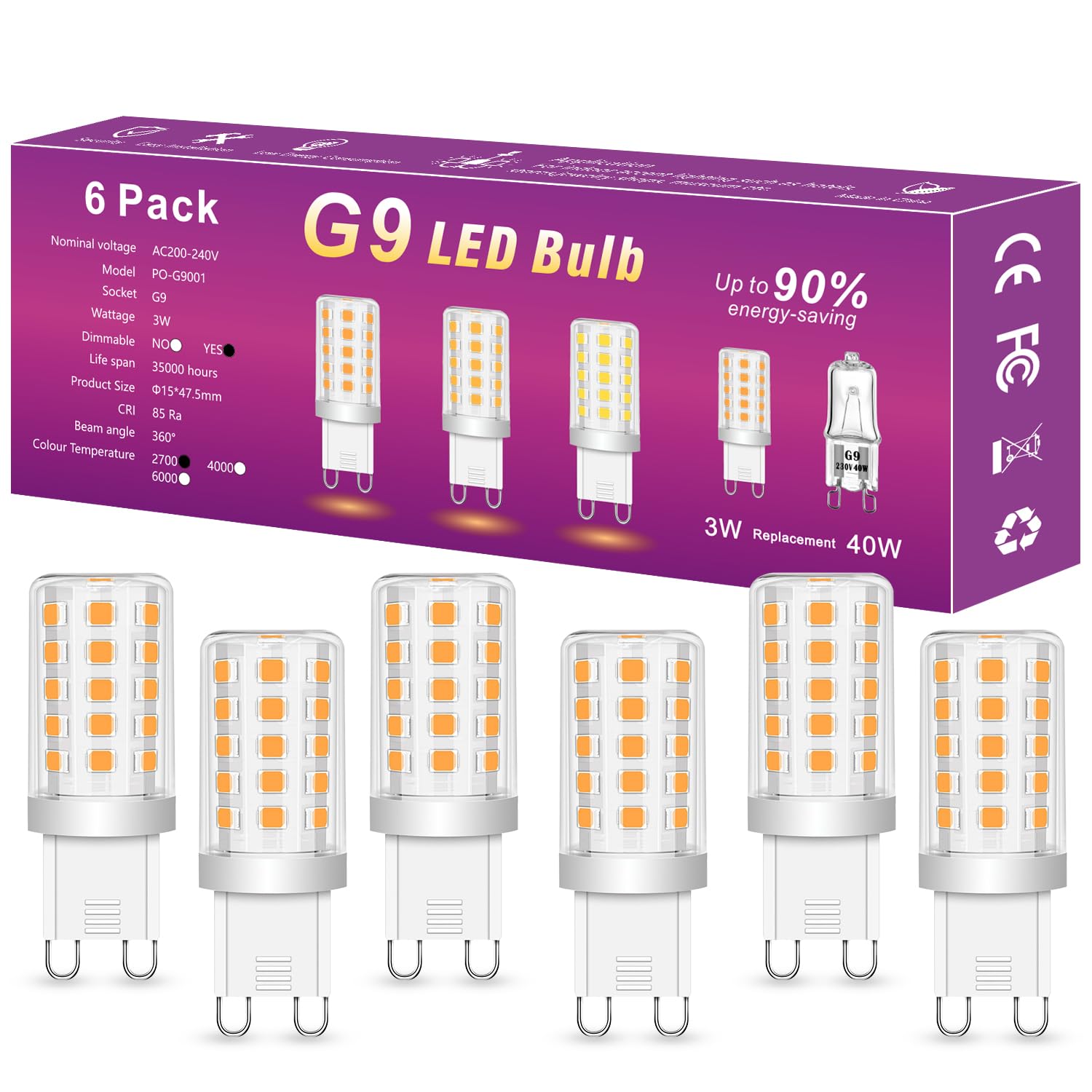 POIUYTO LED-Lampe für G9-Sockel, Dimmbar,Warmweiß (2700K), 3W Faible consommation d'énergie,450 Lumen, Ersatz für herkömmliche 30W-Leuchtmittel, 6-er Pack