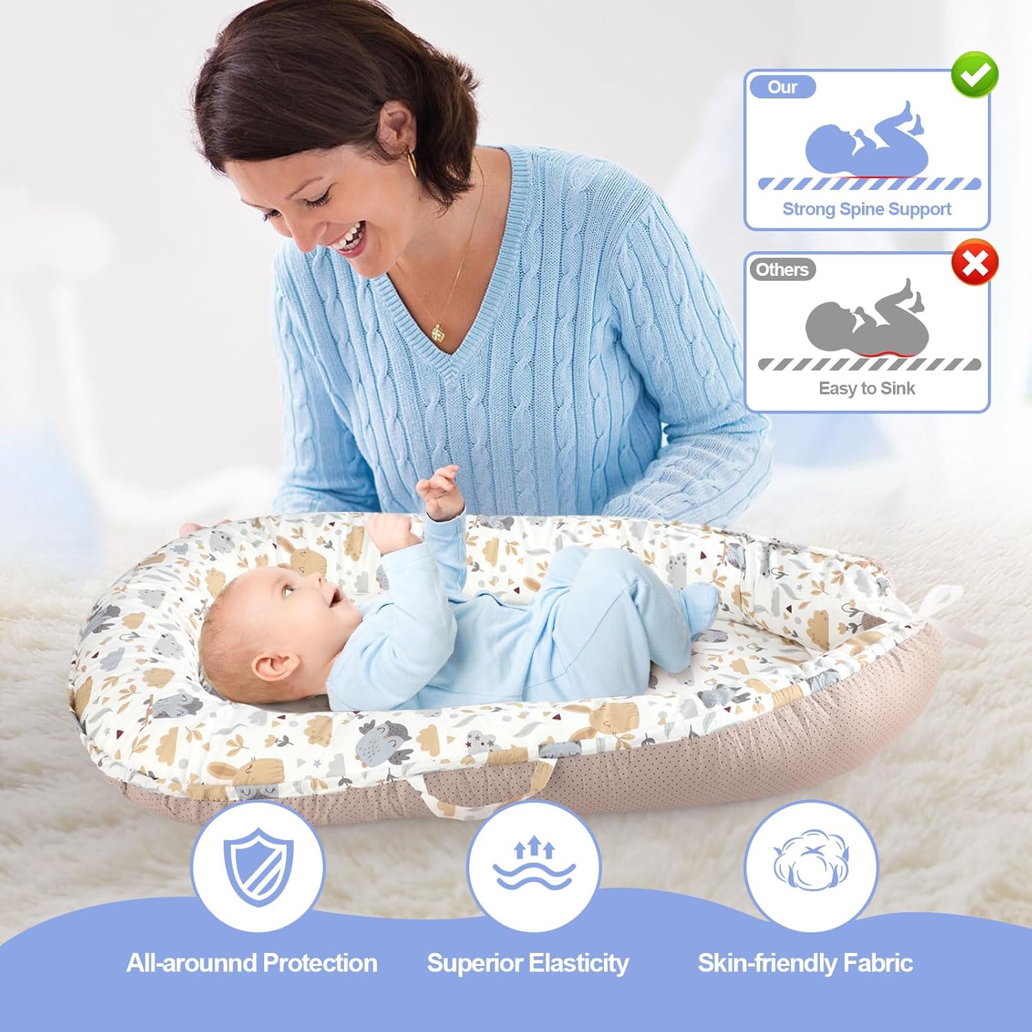 Baby Lounger, Portable Baby Lounger for Newborn 0–24 Months, Infant Nest for Travel, Floor Time, and Crib Use, Baby Essentials for Home (Hoot) - Image 4