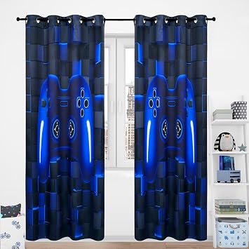 PERFEMET Gamer Kids Curtains for Bedroom 2 Panels-Black Blue Video Game Console Blackout Cutain for Boys Teen Living Room Home Decor 3D Cool Gaming Grommet Window Treatment DrapesBlue, 42x63inch
