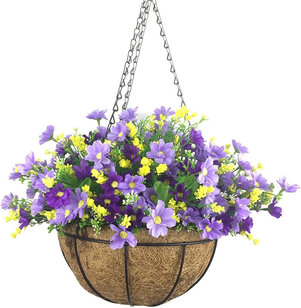 LopkeyArtificial Daisy Flowers Outdoor Indoor Patio Lawn Garden Hanging Basket with Chain Flowerpot,10 inch Dark Purple