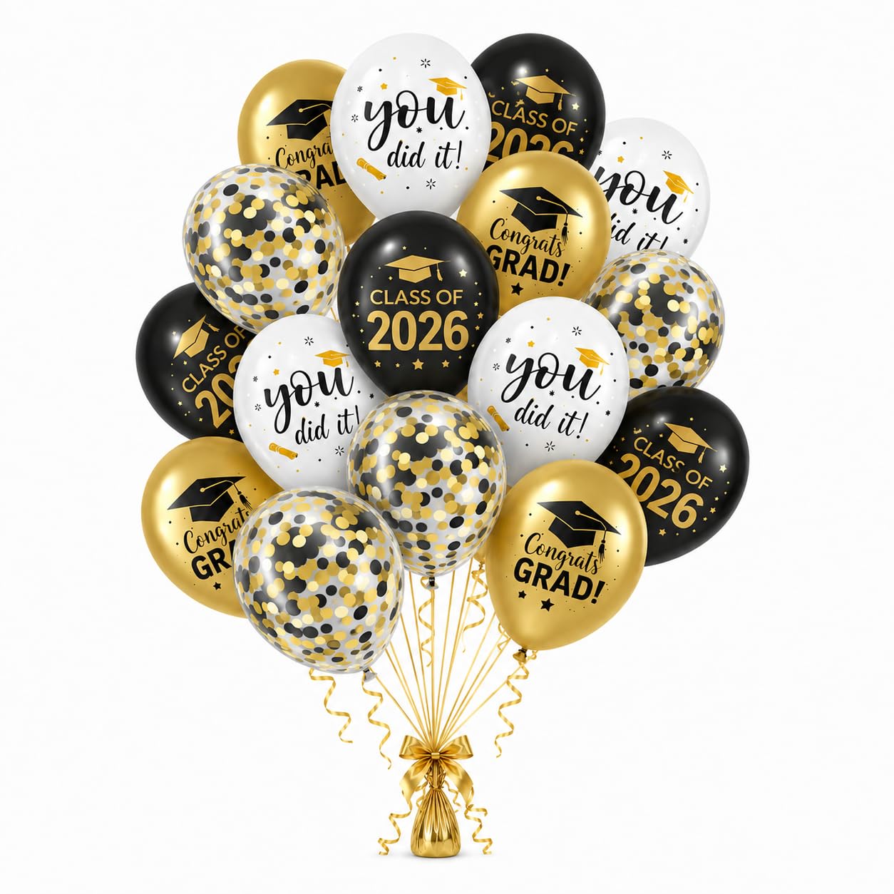 Class of 2026 Balloons, Graduation Decorations, 16Pcs Balloons Black Gold White Happy Graduation Balloons for Grad Retirement Party Decor You Did it