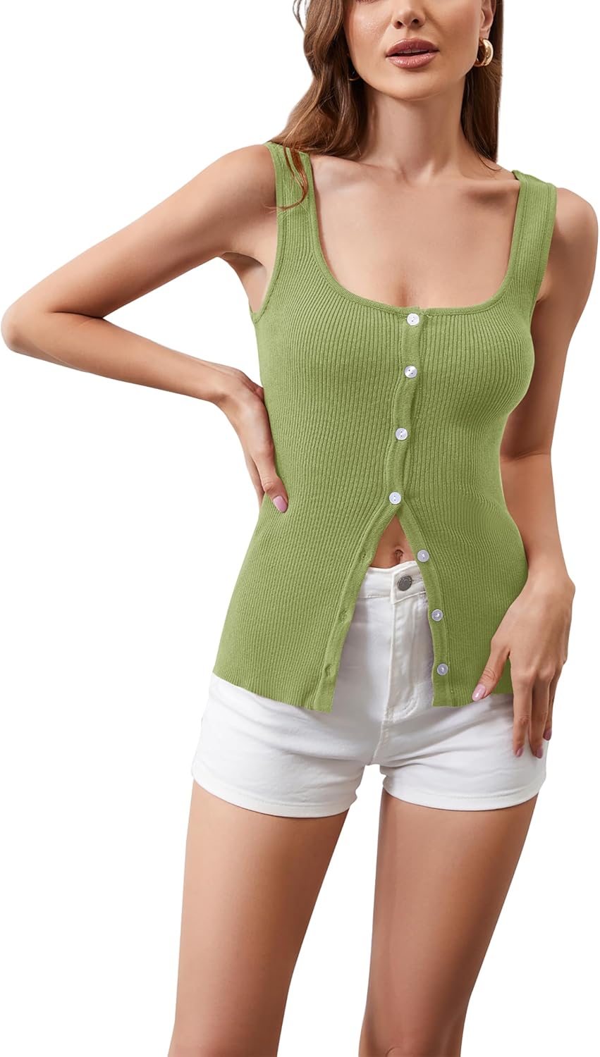 Women Square Neck Button Down Knit Tank Top Button-Up U Neck Sleeveless Backless Solid Slim Sexy Sweater Vest Tops Green - Image 5