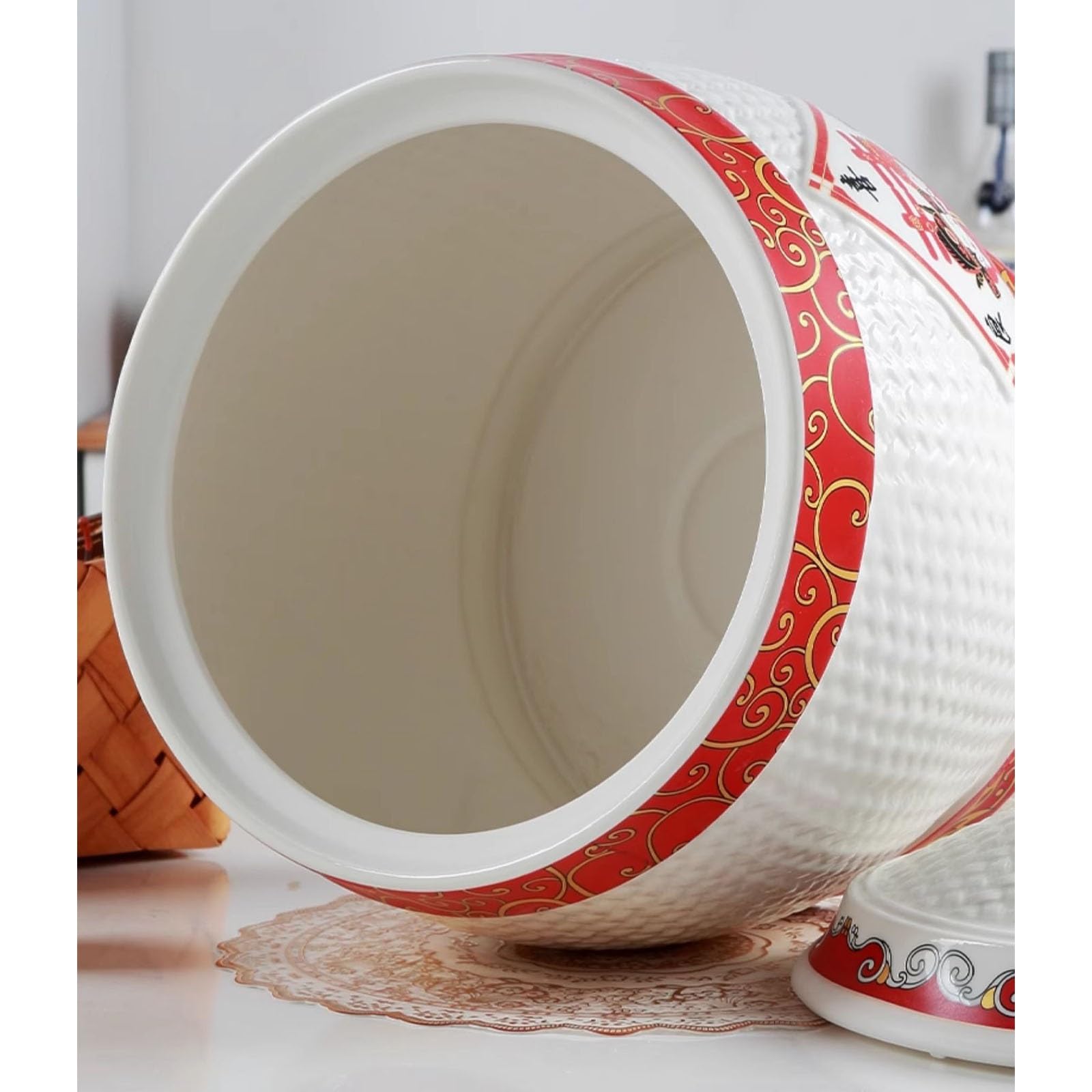 Vasi Di Conservazione Per Cibi In Stile Cinese Tradizionale, Distributori Classici Di Cibi, Vaso Per Riso In Ceramica Con Coperchio, Scatola Domestica Per La Conservazione Del Riso Con Coperchio(A,12.