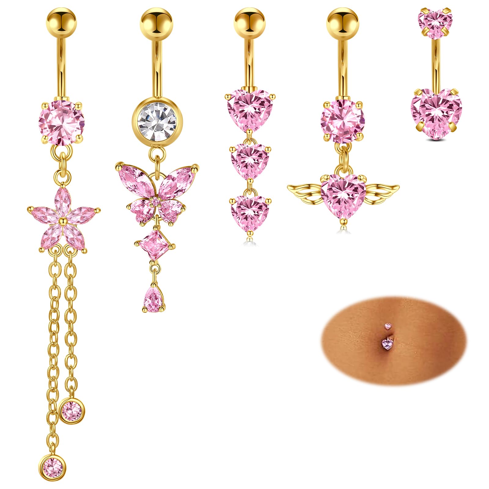 LAURITAMI14G Dangle Belly Button Rings - Surgical Steel Silver and Rose Gold CZ Piercing Jewelry for Women