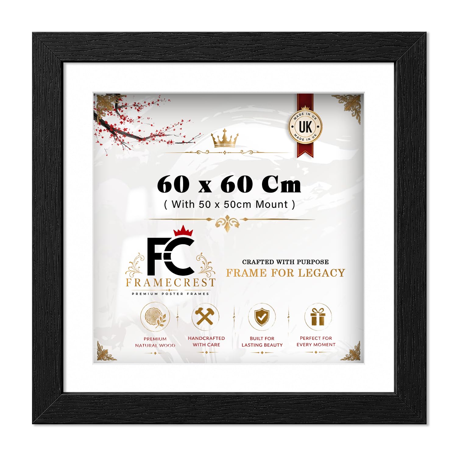 FRAMECREST LTD Premium Engineered Wood (60 X 60 CM) Square Picture Frame With 50 X 50 CM White Mount — Gallery Wall Art Frame For Living Room Artwork And Photo Display Home Décor - [Black]
