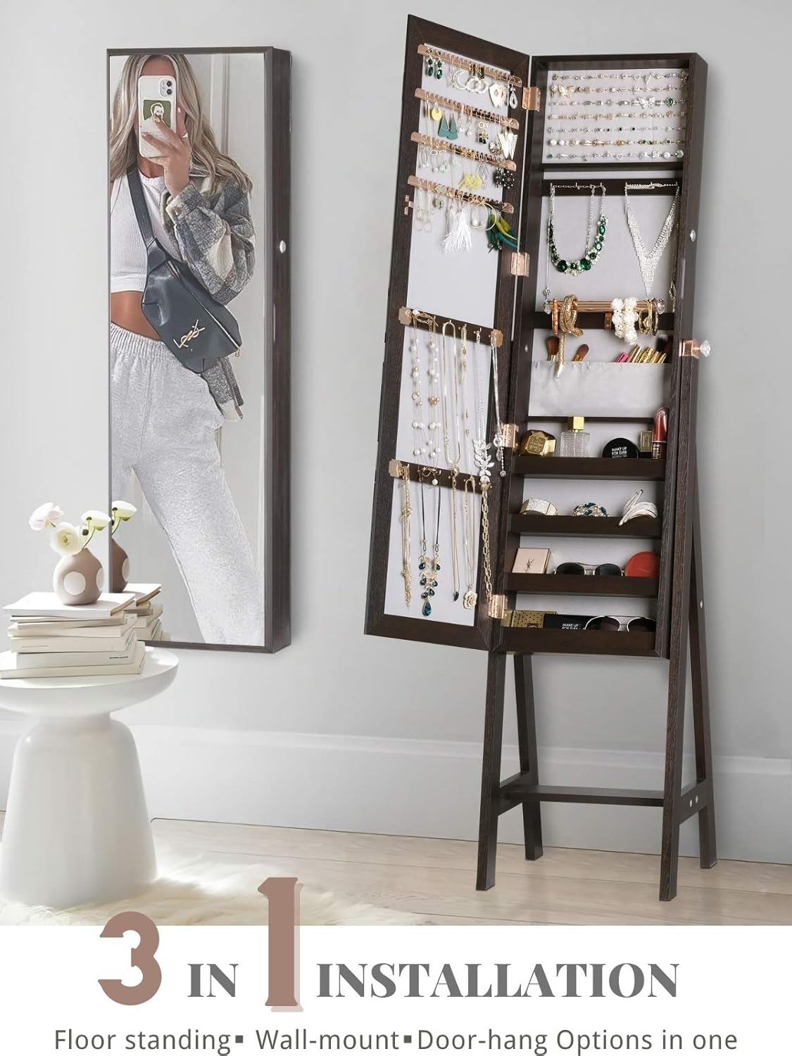 LUXFURNI Jewelry Armoire Standing Full-Length Mirror Makeup Lockable Cabinet , Large Cosmetic Storage Organizer Wall/ Door-Hanging (Brown) : Clothing, Shoes & Jewelry