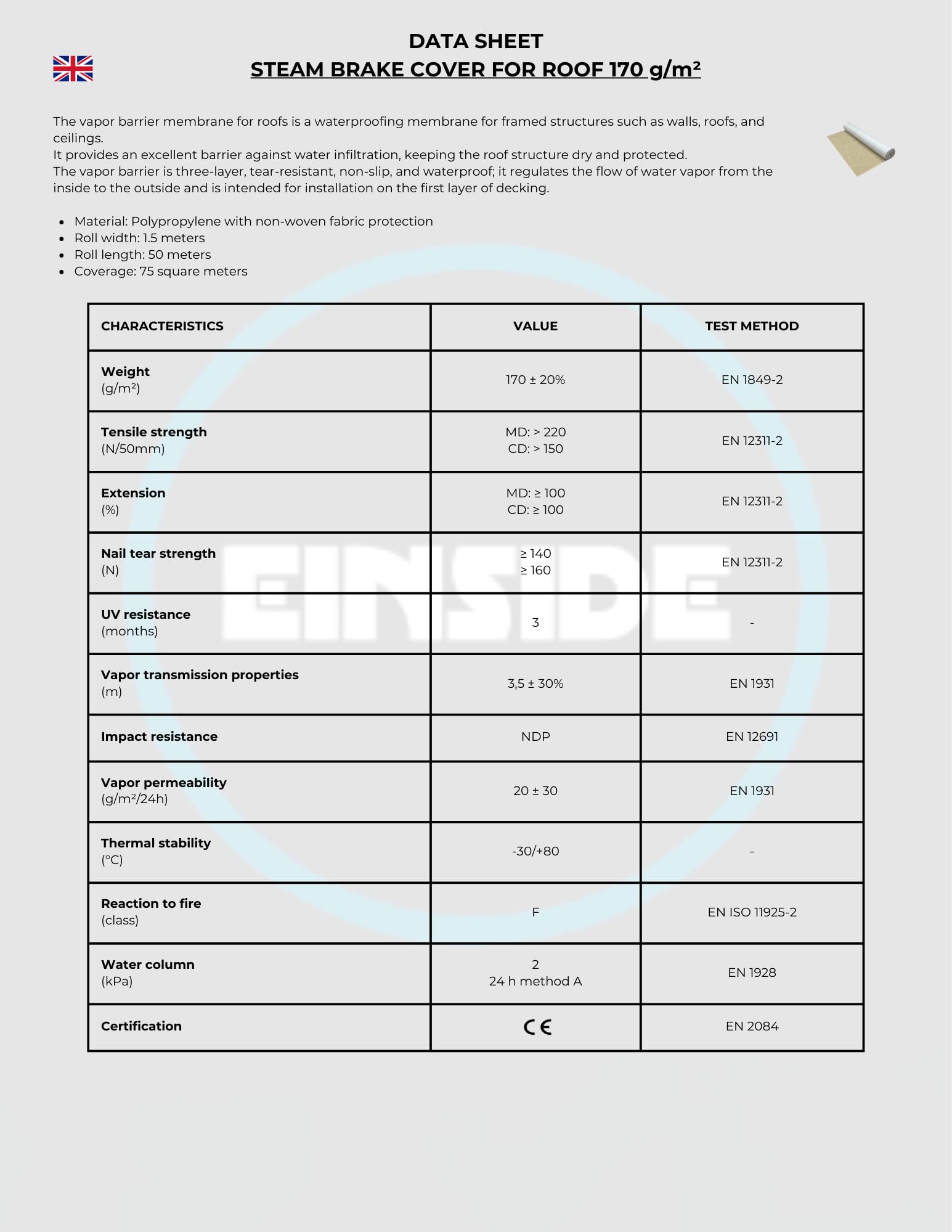EINSIDE Telo membrana freno a vapore impermeabile tetto 170 g/m², 1,5x50 m | Copertura: 75 m², SD = 3/12 m, CLASS W1