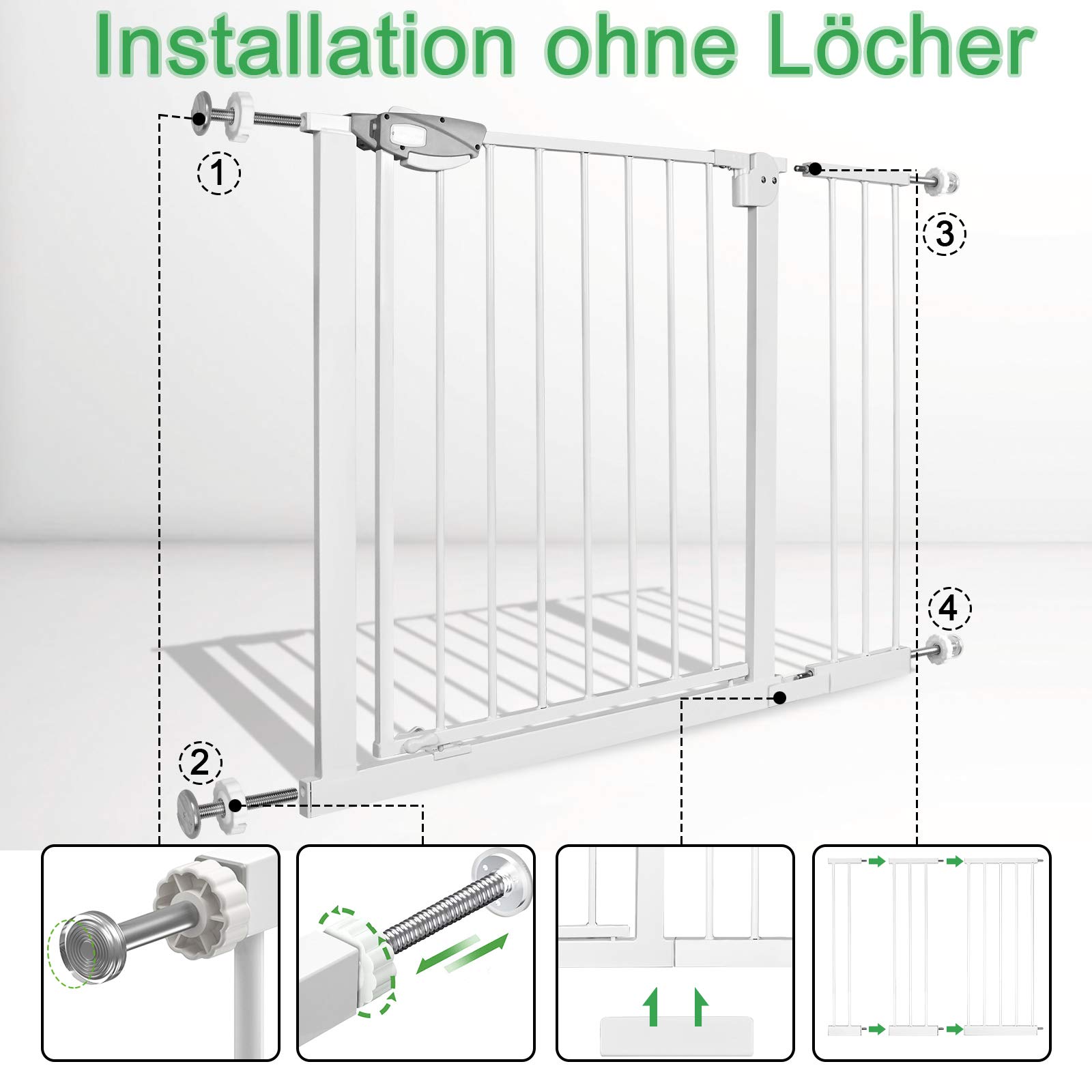 UISEBRT Treppenschutzgitter Türschutzgitter Ohne Bohren 75-85 cm Selbstschließend Einhändiges Öffnen Metall Weiß