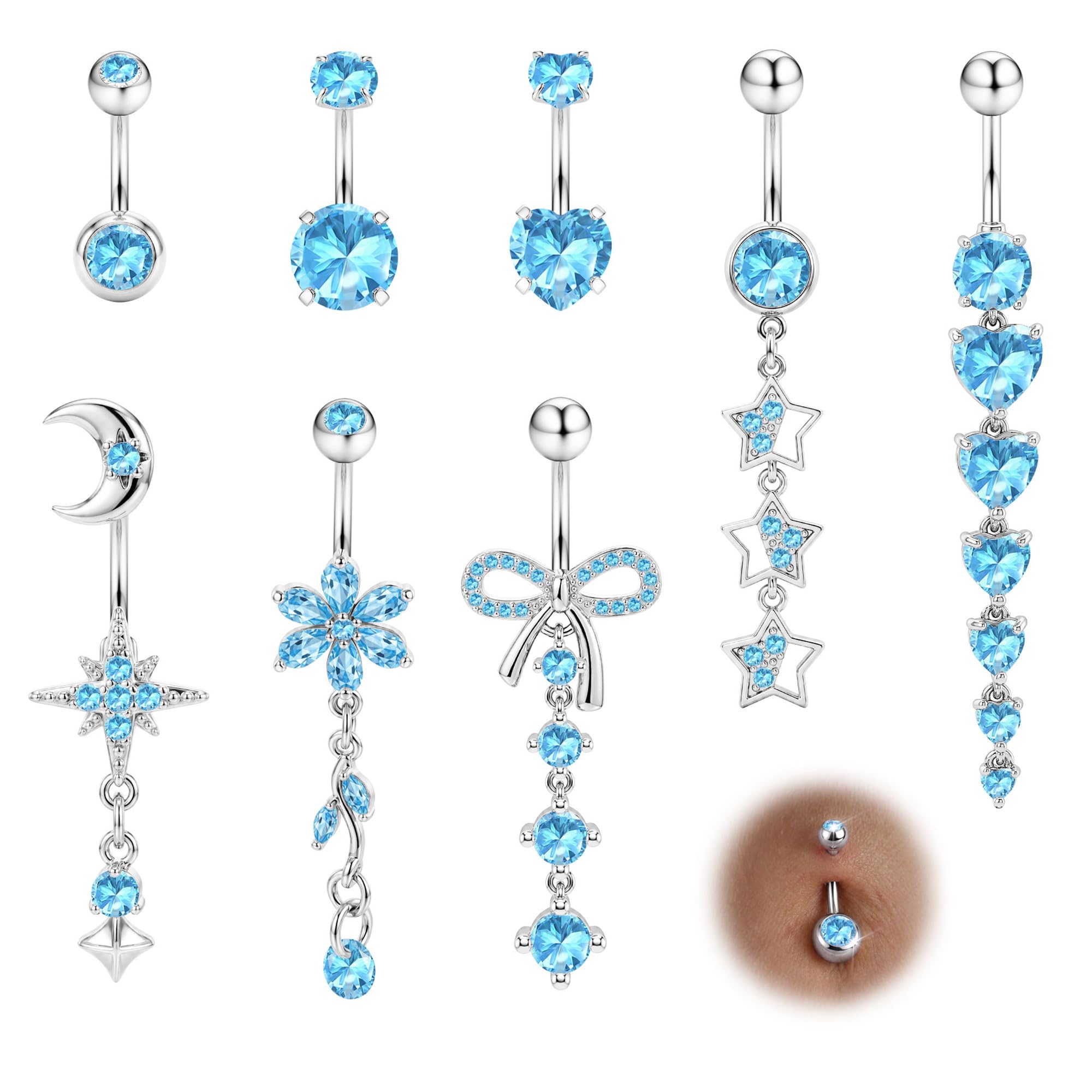 Milacolato Lot of 8 Piercing Ombelico – 3 Barrette Corte + 5 Pendenti, Acciaio Chirurgico Ipoallergenico, Oro & Argento, Bijoux per Donna (Cuore Farfalla Fiore Stella)