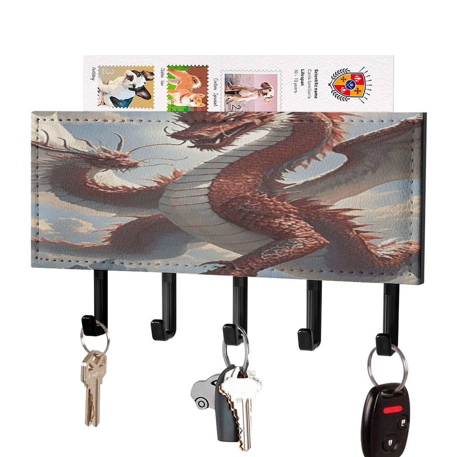 Fekiloot Black-Style Chinese Dragon Key Holder Wall Mount Key Hanger With 5 Hooks Decorative Key Rack Hanging Key Hooks With Mail Organizer Key Holder For Wall Living Room Kitchen Bathroom Hallway Black