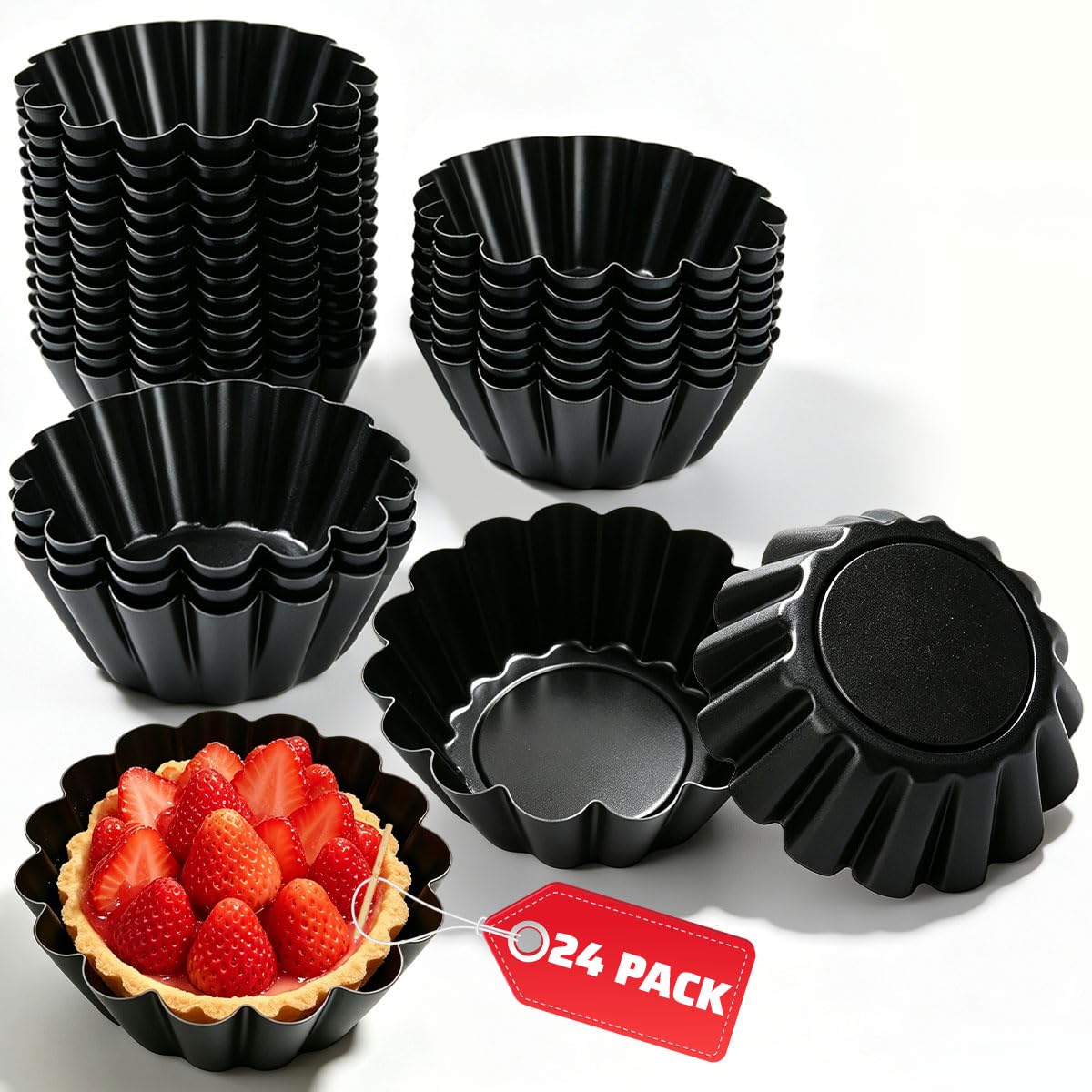 Set 24 Moldes Tartaletas Individuales Antigoteo Acero al Carbono Negro 6,5cm Moldes Mini Quiche Redondos para Horno Freidora Aire Flaneras Pequeñas Repostería Fiestas Canapés Pasteis Nata Sin Fugas | Molde para tartas antiadherente, pudín redondo, forma d