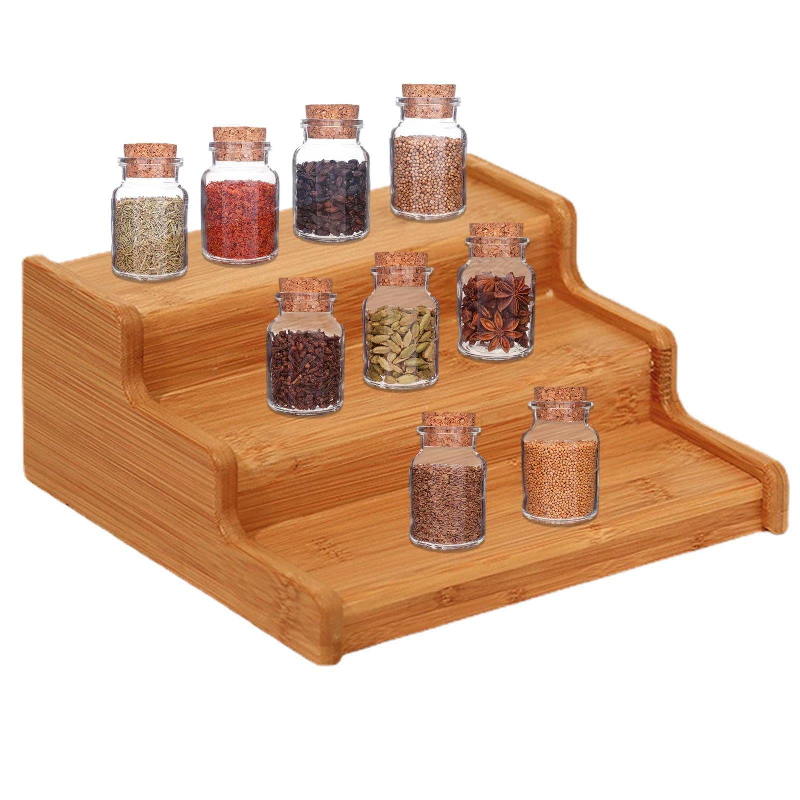 Generic Kitchen Spice Rack - Expandable Bamboo Spice Organiser with 3 Tier - Spice Bottle Holder for Jars, Bottles