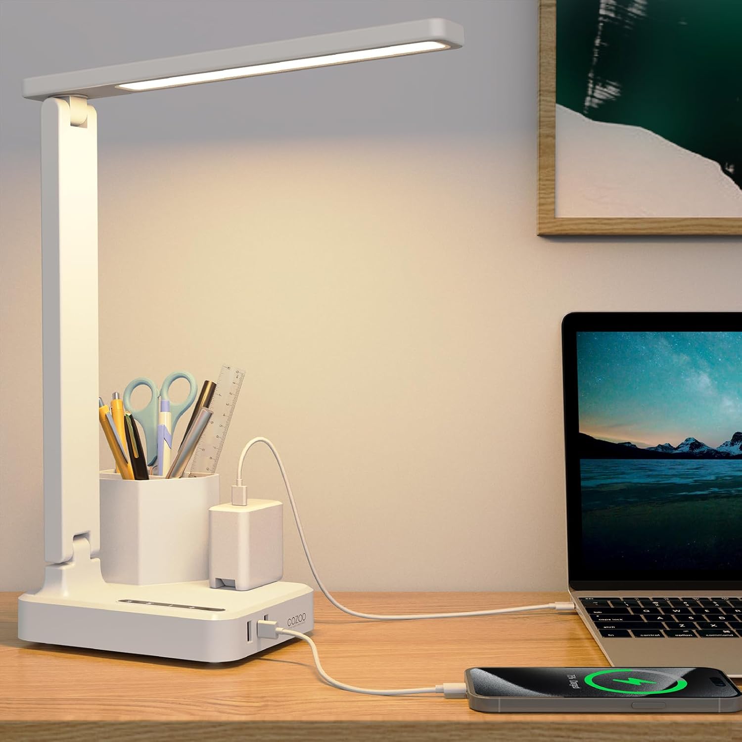 COZOO Dimmable Desk Table Lamp with Pen Holder/Organizer,Study LED Desk Lamp with USB Charging Port/Type C Port/Outlets/Storage Box/Touch,Kids Desk Reading Light for Students,Desk Lamp for Home Office