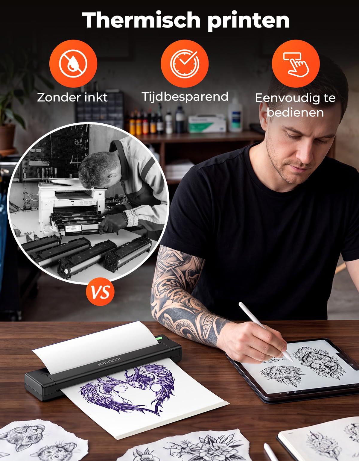 MUNBYN Termocopiadora Tattoo Bluetooth, Impresora Termica Tatuajes para DIY, Compatible con Smartphone y PC, Incluye 10 Hojas de Papel de Transferencia, ITP05S Negro