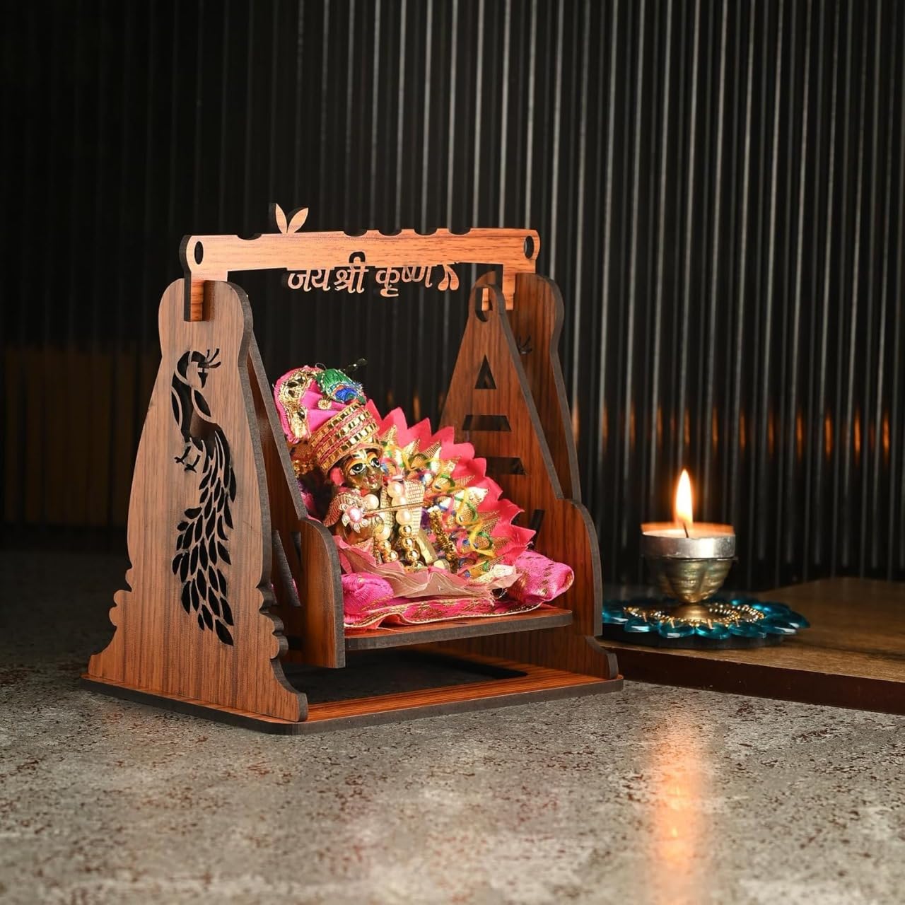 Wooden Laddu Gopal Swing - Peacock Design Pooja Swing -3