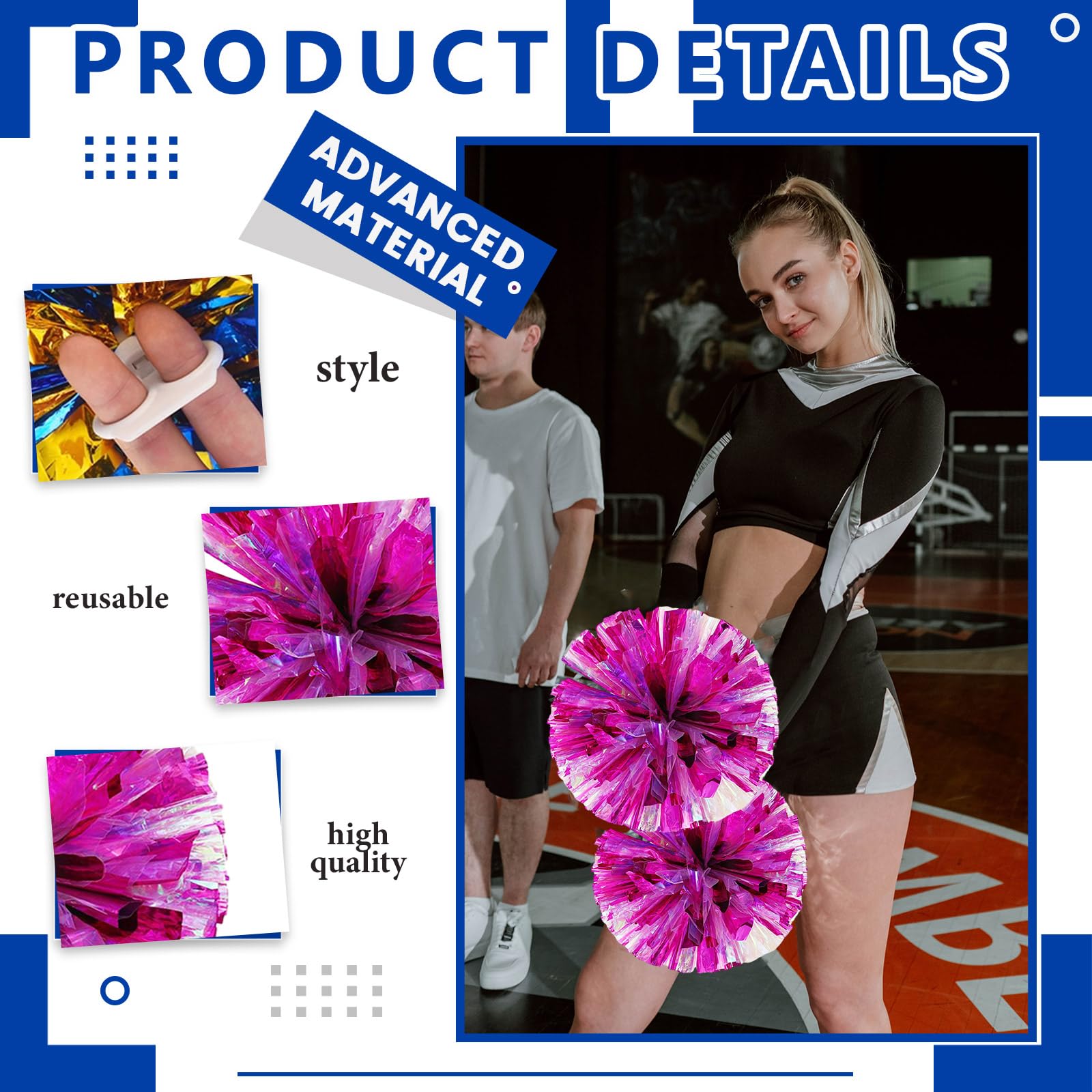 Lot de 20 pompons de 35cm, pour entraînement sportif, danse, équipe, avec anneaux. (Couleur éblouissante + poudre)