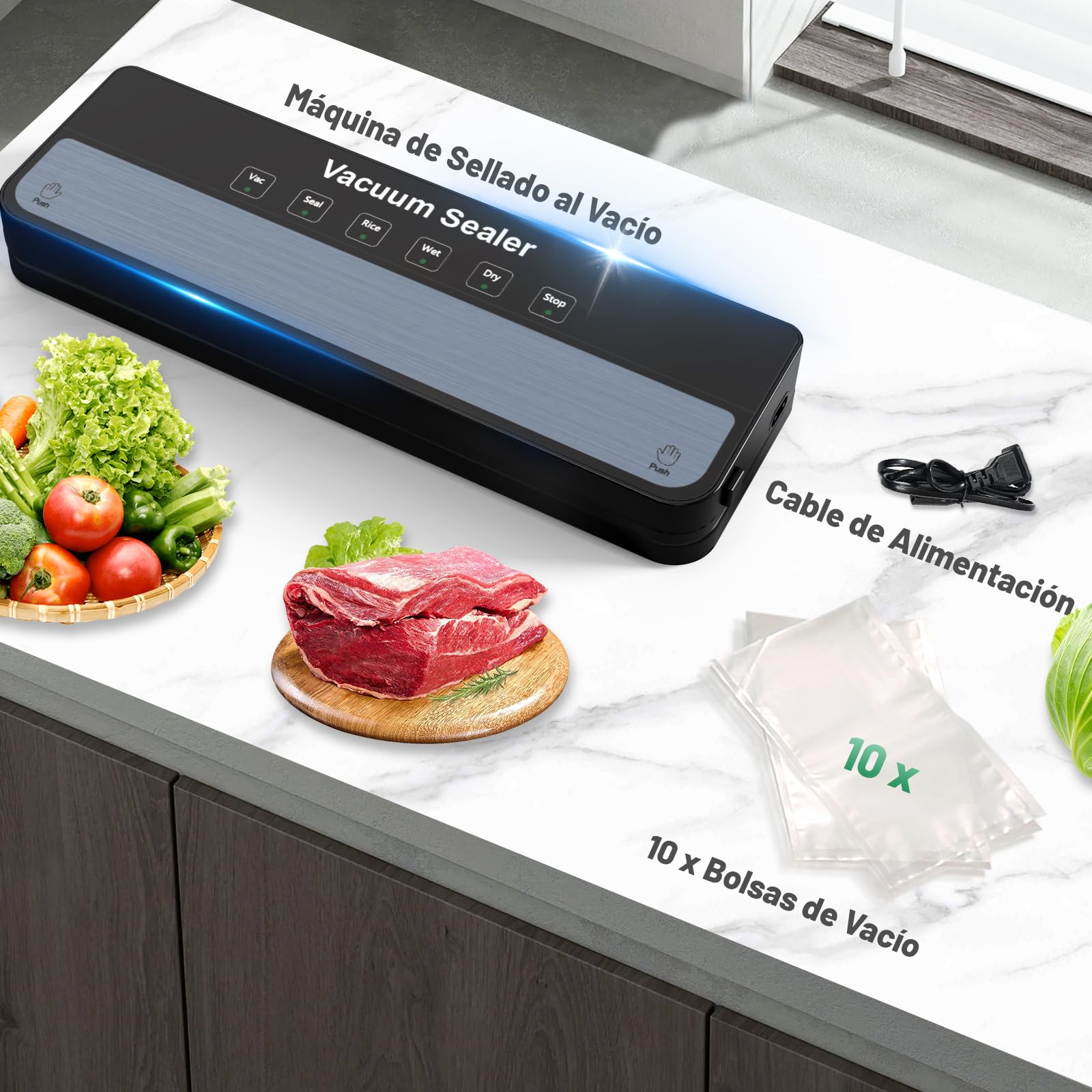 Raycial Envasadora al VacíO 5 en 1 Con Bolsas de Envasado al VacíO, Sellador al Vacio de Alimentos Secos Y HúMedos, Maquina al Vacio de Alimentos para Alimentos, Compacta, Totalmente AutomáTica