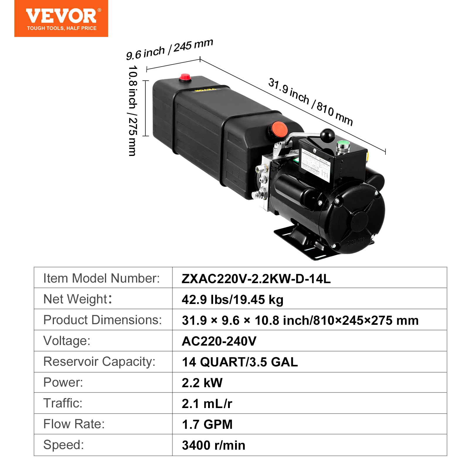 VEVOR Hydraulikpumpe 2950 PSI Hydraulikaggregat 3 HP 220 V Hydraulikaggregat für 2 & 4 Post Lifts Autoaufzug Hydraulikaggregat mit 3,5 Gallonen Reservoir