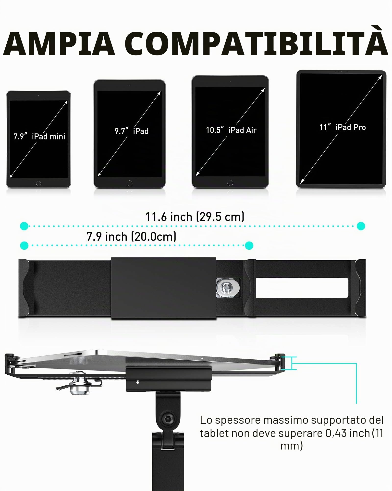AboveTEK Supporto da Parete per Tablet/iPad/Ardesia/Fuoco da 7 a 11 Pollici, Porta per Tablet con Serratura di Sicurezza Antifurto e Chiave, Supporto Snodato Regolabile con Braccio Lungo(Nero)