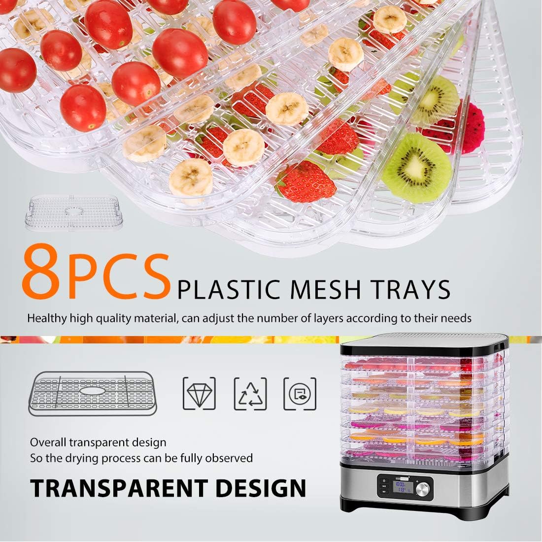 Diagram showing the adjustable height of the dehydrator trays.