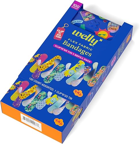 Miniatura 5 de Welly Vendaje Clip N' Go - Paquete de lata y recambio  Vendajes adhesivos de tela flexible y lata  Formas y patrones surtidos para cortes menores,