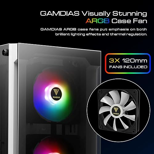 Miniatura 2 de GAMDIAS Carcasa de PC de media torre RGB para juegos RGB con panel lateral de vidrio templado y un filtro de polvo magnético y 3 ventiladores ARGB