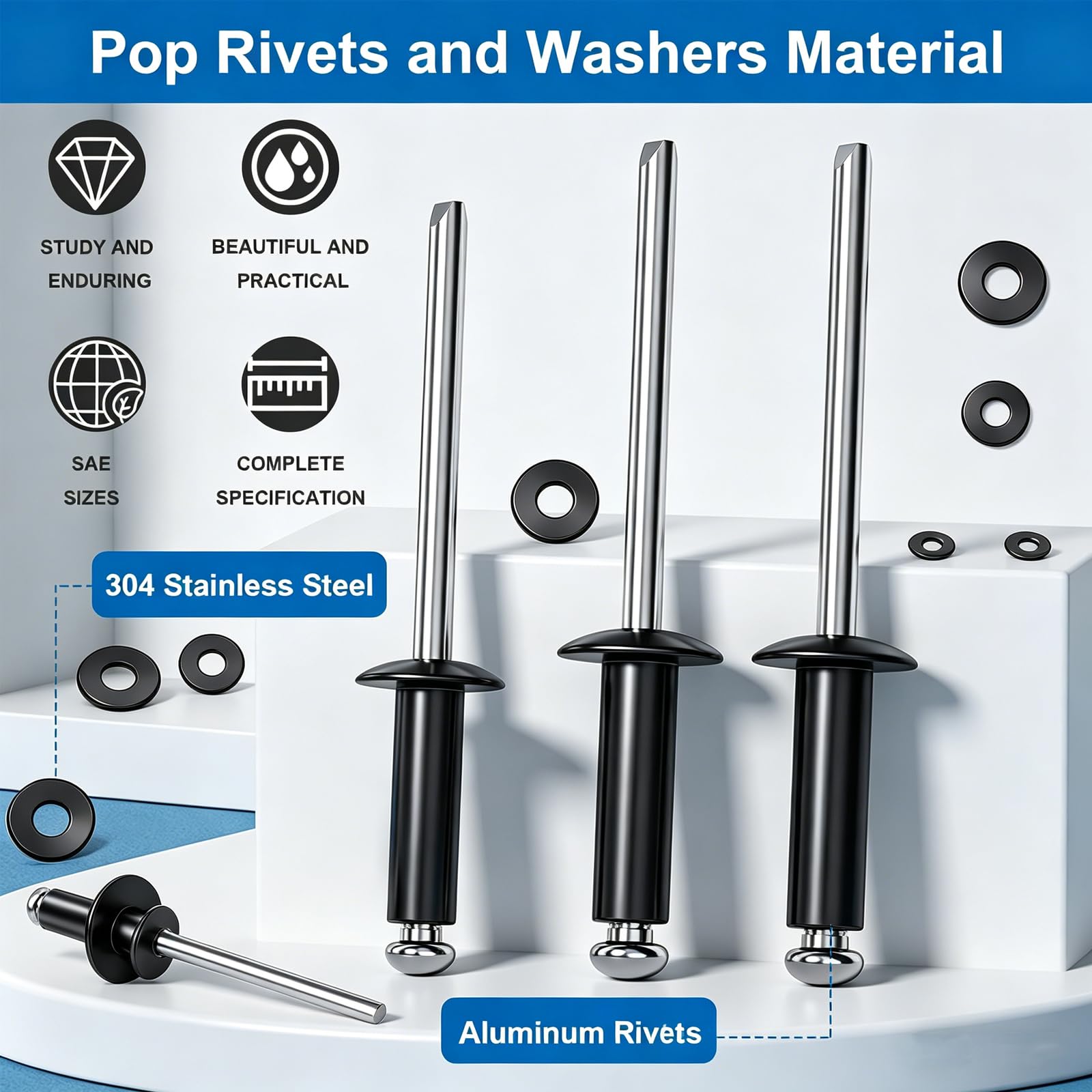 1000 Black Rivets Kit - Stainless Steel Washers -7