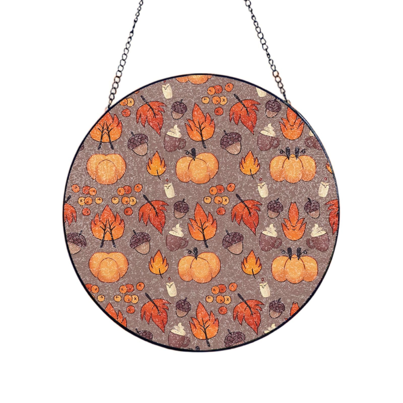 Phayah Fall Print Glass Window Hanging Round Suncatcher Glass Ornament Garden Wall Fence Decorations Indoor Outdoor 12in（30cm）